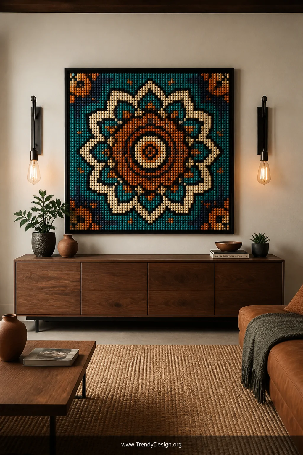 A wide living room wall shot showcasing a large framed geometric mandala pixel art piece made of colorful fused beads in deep