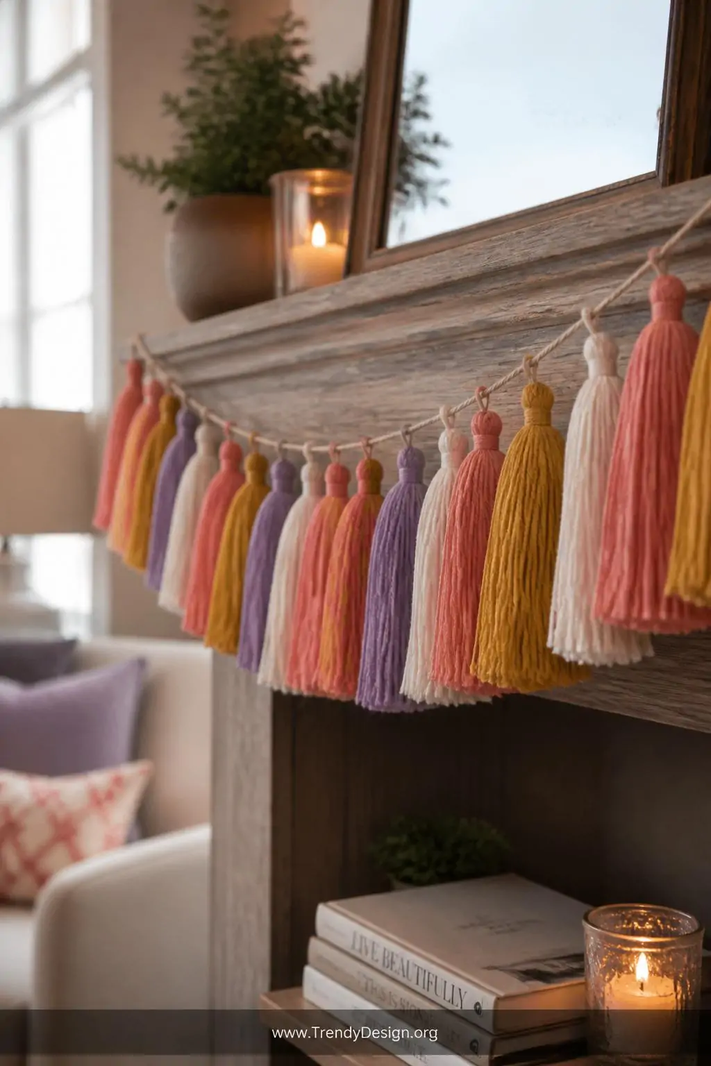 Medium shot of a rustic wooden mantle draped with a lush tassel garland in coral, mustard yellow, dusty lavender, and cream e