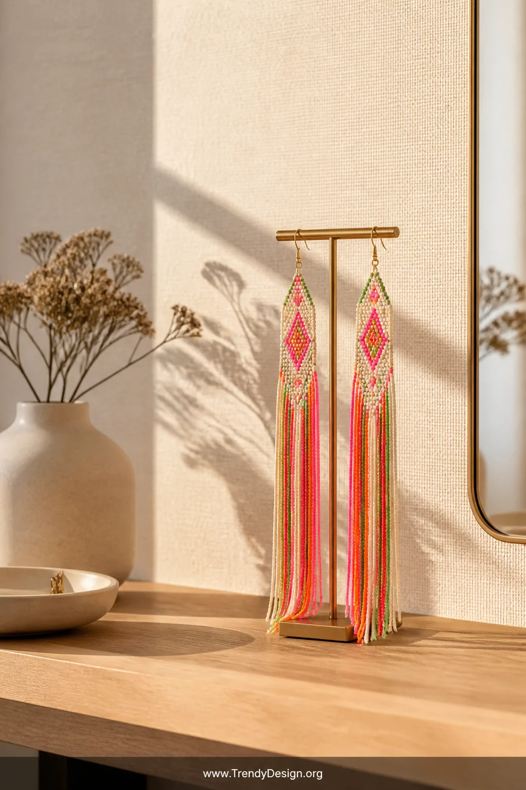 A medium shot of a sleek minimalist vanity shelf in warm white with a single pair of long cascading tassel beaded drop earrin
