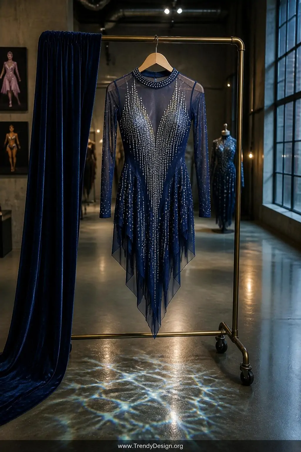 A medium-shot photorealistic styling studio scene featuring a velvet-draped costume display rack where a deep midnight-blue d