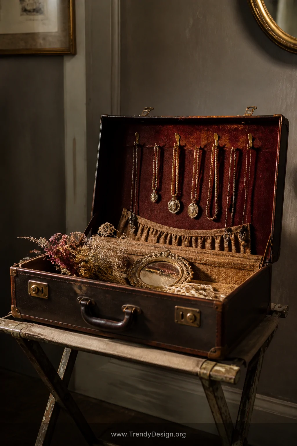 Medium shot of a vintage hard-sided suitcase propped open at an angle on a worn luggage stand, interior lined with rich burgu