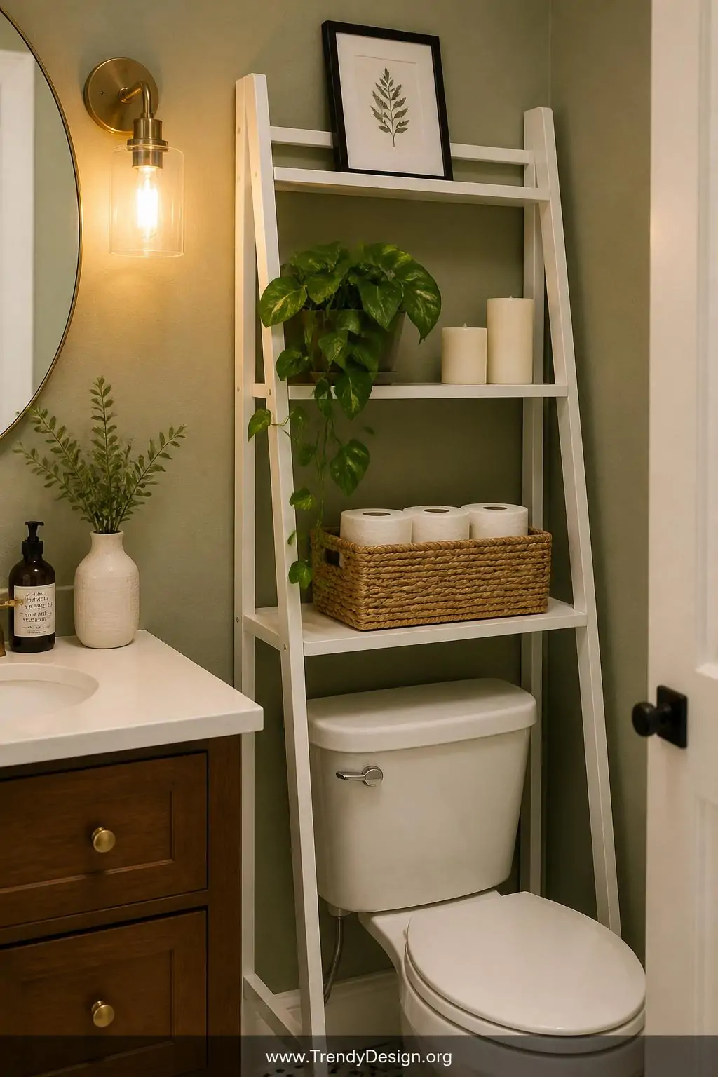 A medium-shot photorealistic interior design image of a small bathroom featuring a white freestanding ladder-style over-the-t