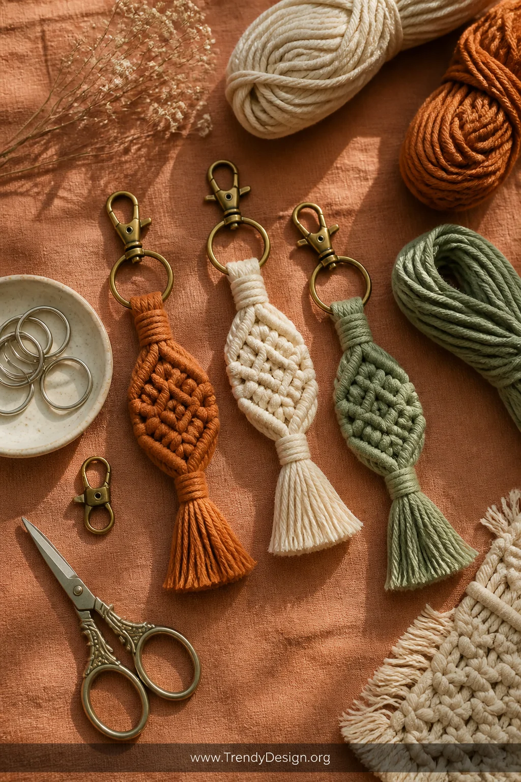 A boho-styled woven textile flat lay on a warm terracotta linen surface featuring completed macramé tassel keychains in cream