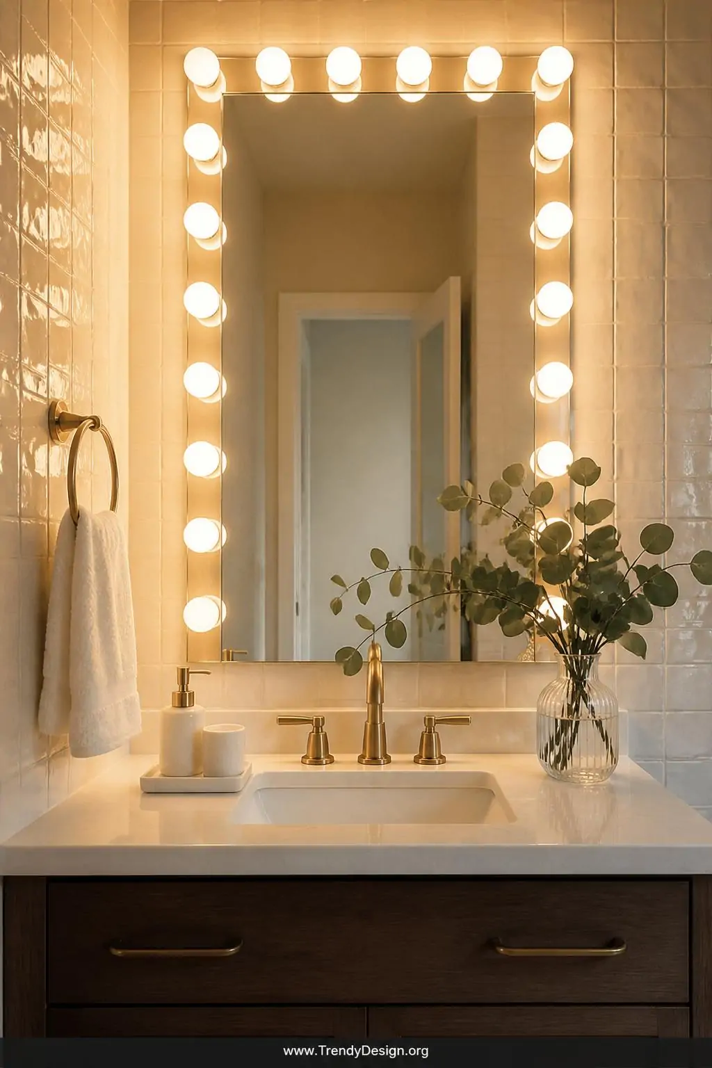 A medium-shot photorealistic vanity scene showcasing a Hollywood-style mirror bordered by evenly spaced round globe bulbs emi