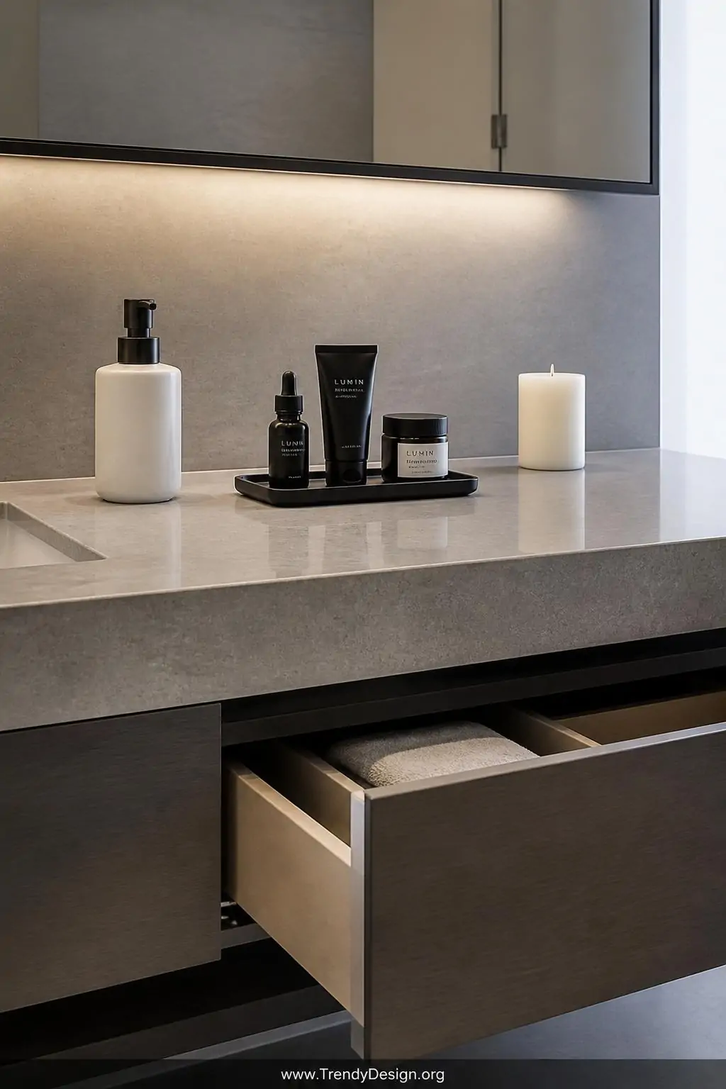 Medium photorealistic shot of a spotless minimalist bathroom vanity counter with radical negative space, only a sleek ceramic