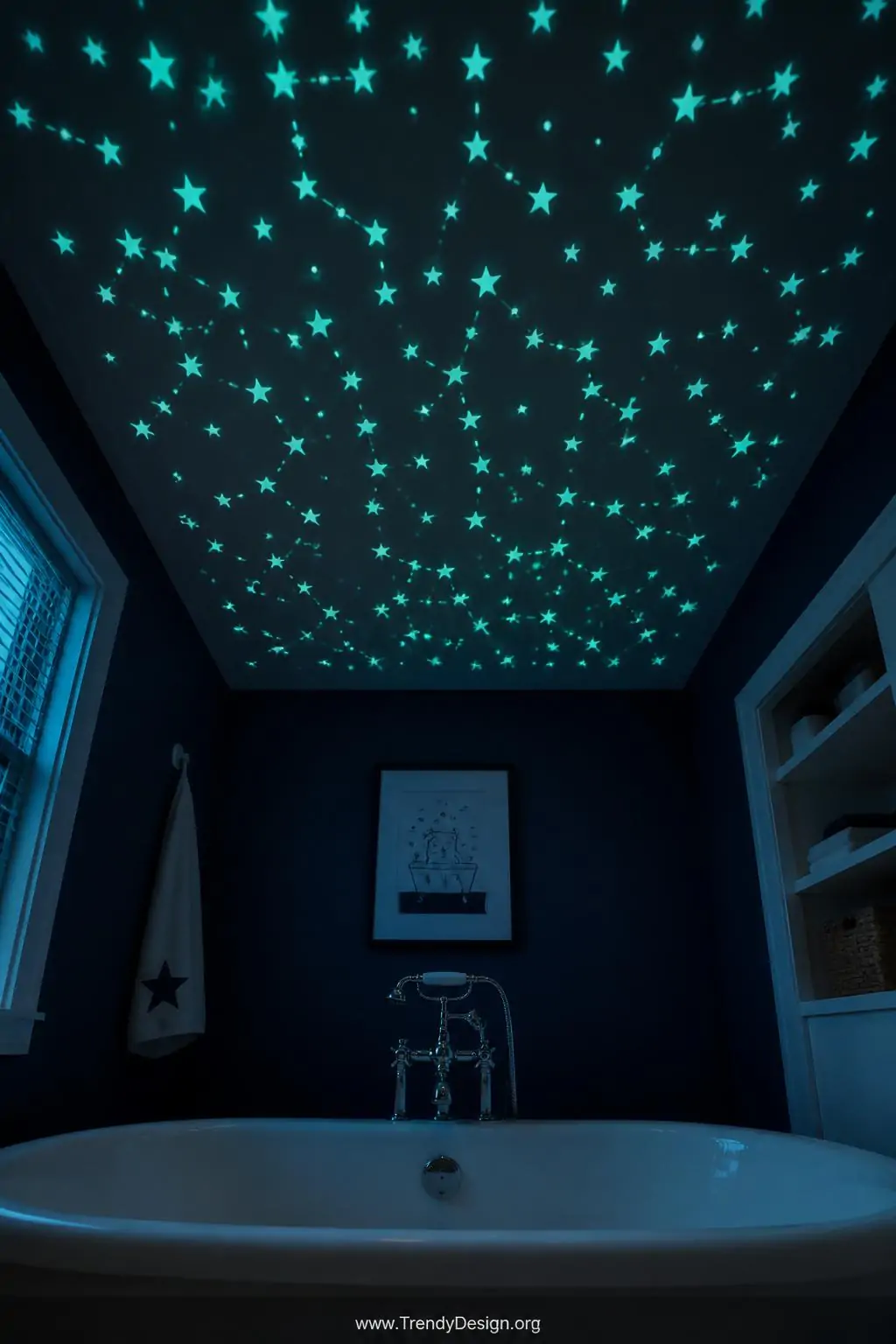 Medium photorealistic interior shot looking upward from inside a kids' bathtub toward a white bathroom ceiling completely cov