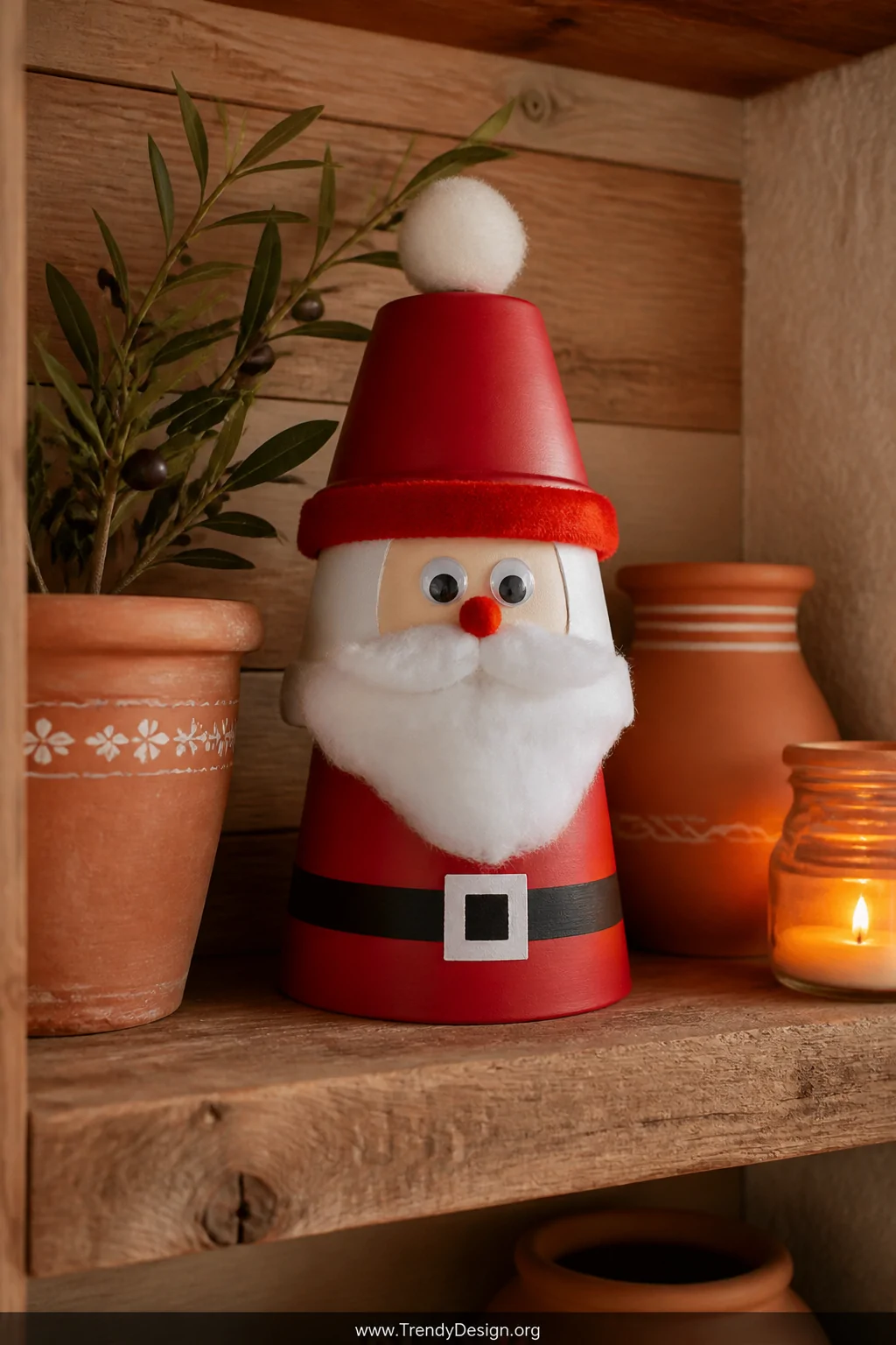 A medium shot of a rustic wooden shelf displaying a stacked terracotta pot Santa figurine painted in bold red and white acryl