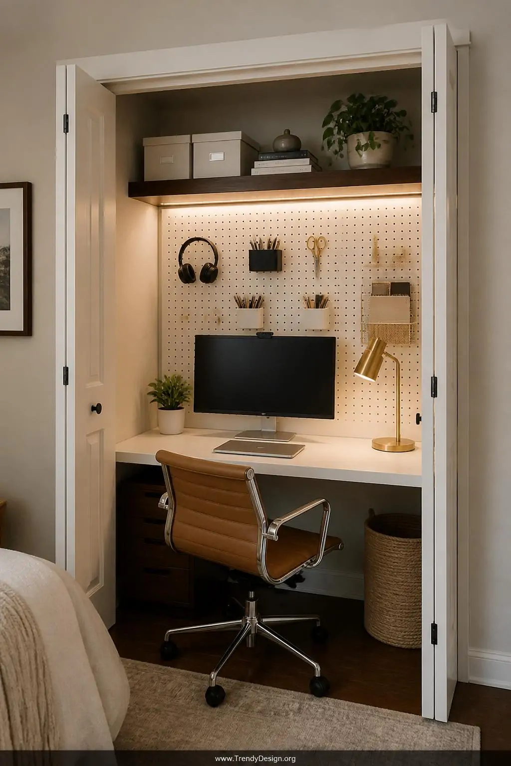 Medium photorealistic interior shot of a converted bedroom closet transformed into a compact cloffice, with a smooth 24-inch 