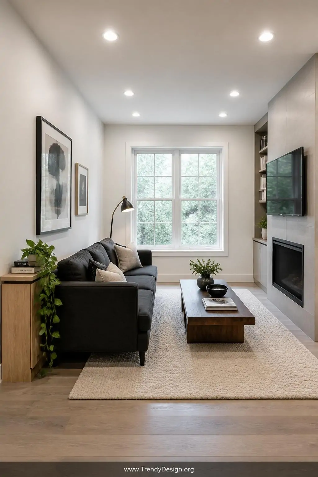Photorealistic medium-shot interior photography of a narrow rectangular living room where a charcoal black linen sofa floats 