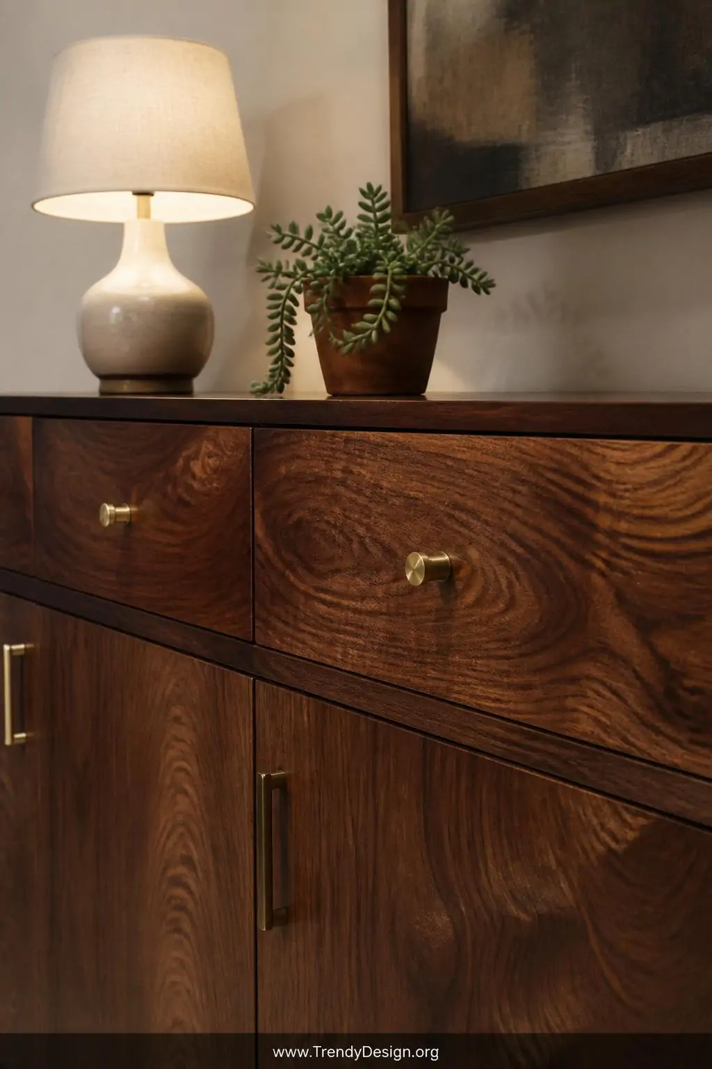 Closeup shot of a richly grained walnut credenza with matte brass hardware, surface displaying a small ceramic lamp and a suc
