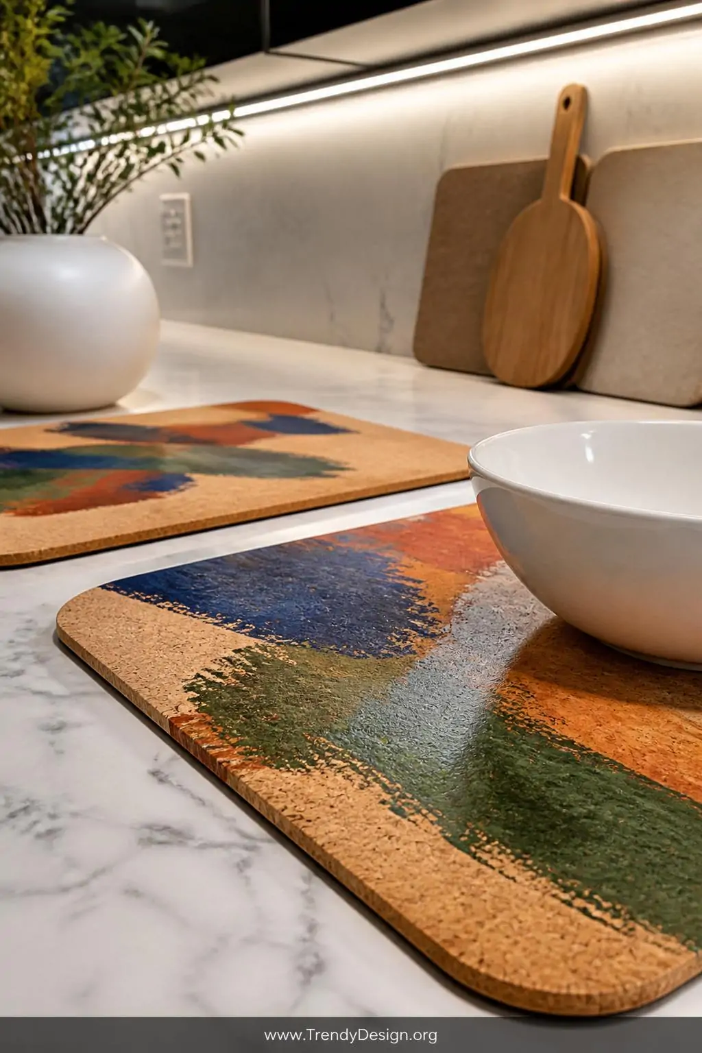 Closeup shot of painted cork placemats on a marble kitchen counter displaying bold abstract brushstroke designs in cobalt blu