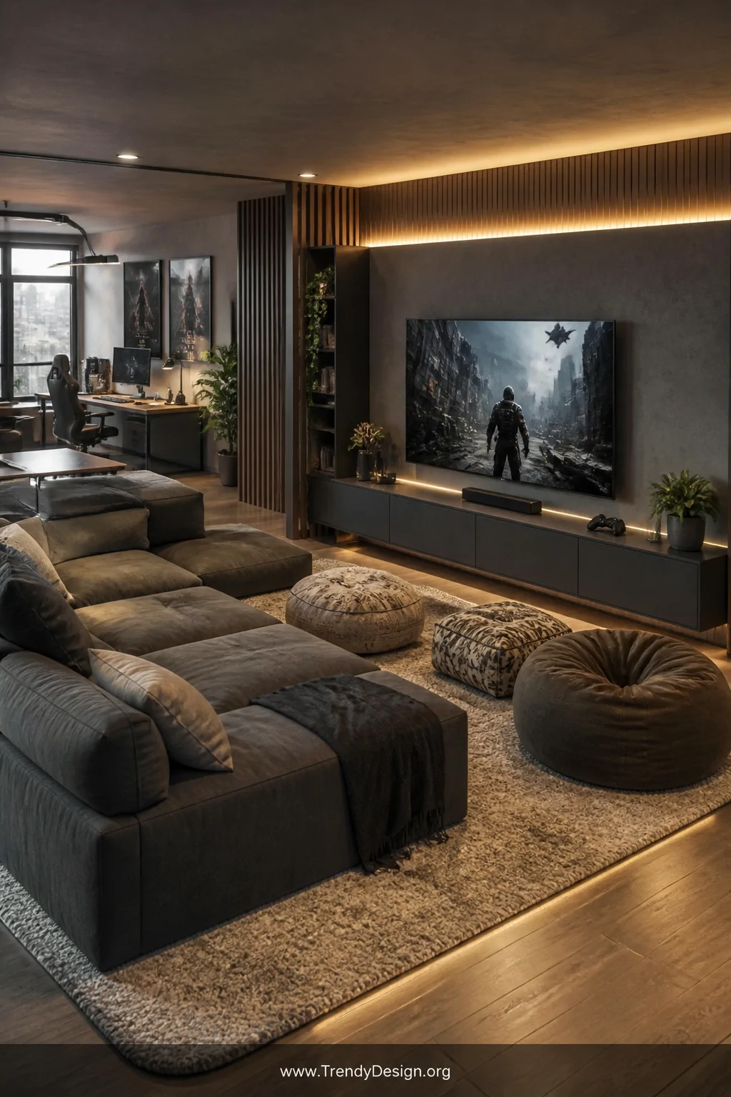Wide photorealistic interior shot of a couch gaming corner inside a loft, featuring a large dark grey modular sectional sofa 