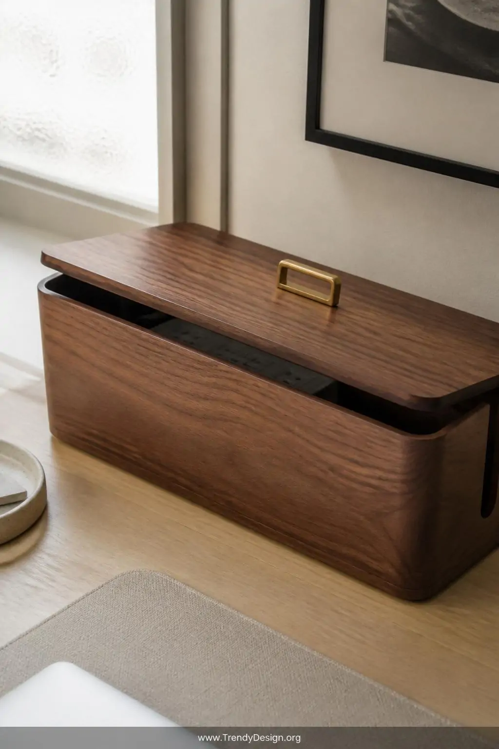 Closeup shot of a warm walnut wood cable management box sitting on a pale birch desk surface, its lid slightly ajar revealing
