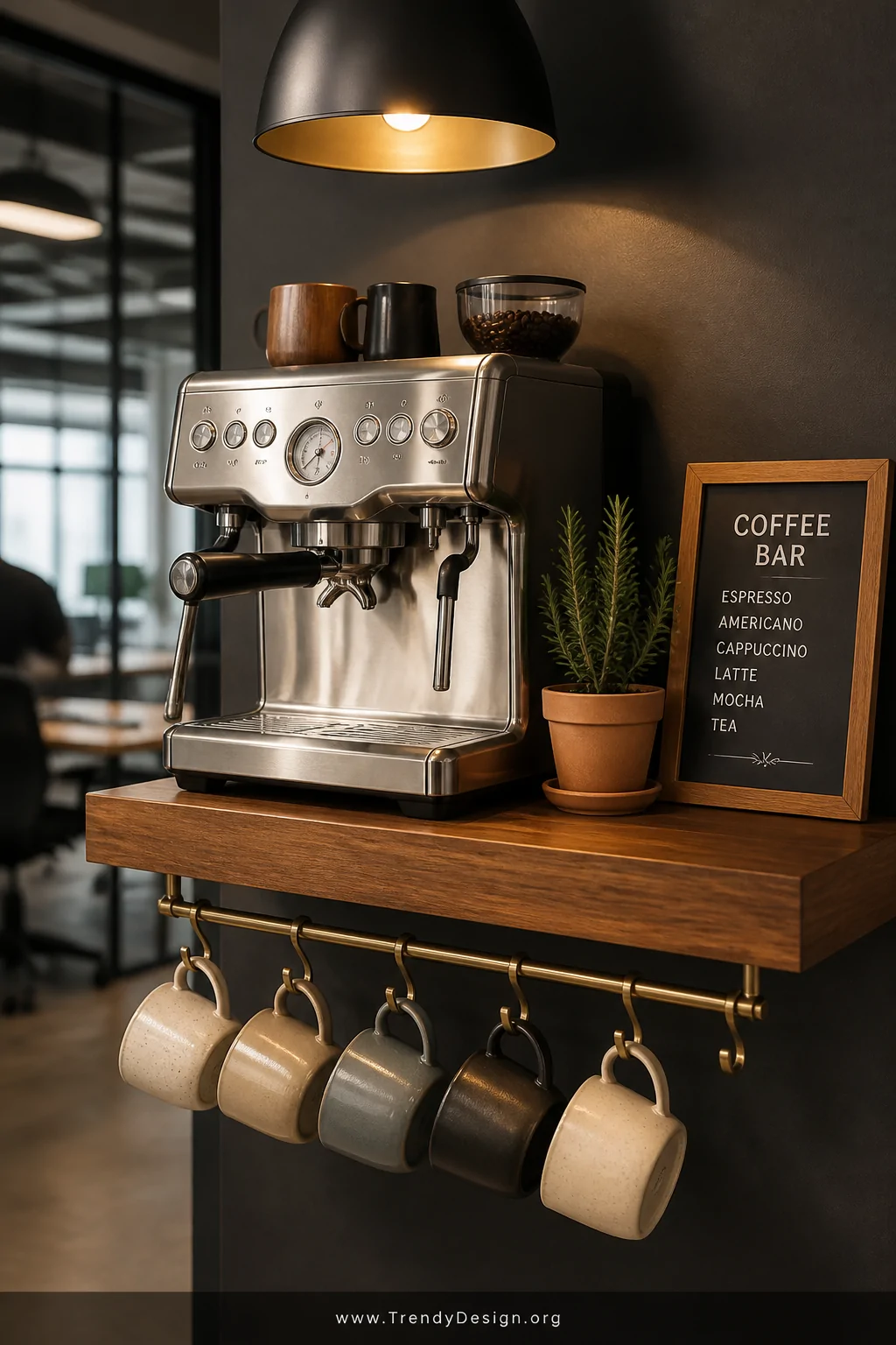 Detail closeup photorealistic shot of a sleek office coffee bar station featuring a stainless espresso machine centered on a 
