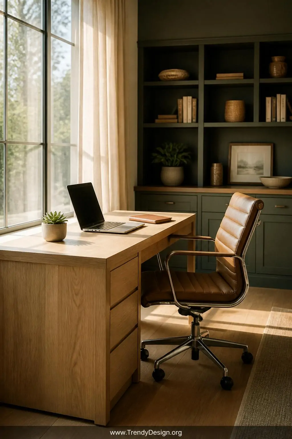 Wide shot of a sunlit home office with a light oak desk positioned perfectly beside a tall linen-curtained window, soft diffu