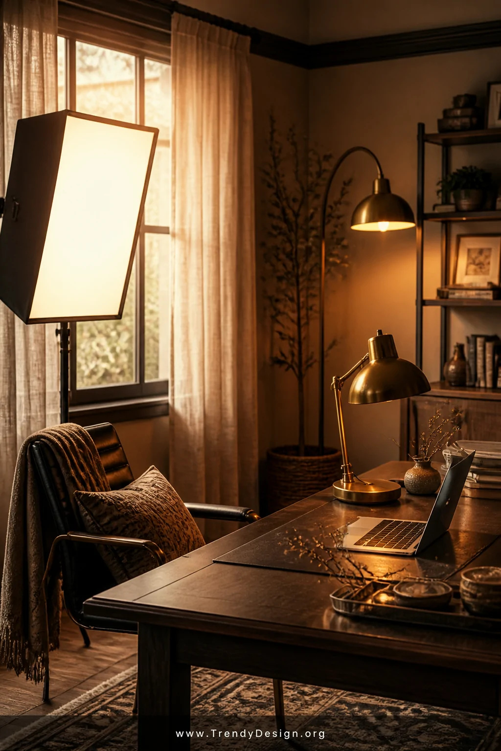 Detail photorealistic shot of a layered office lighting setup showing a warm-glowing softbox positioned at face level beside 