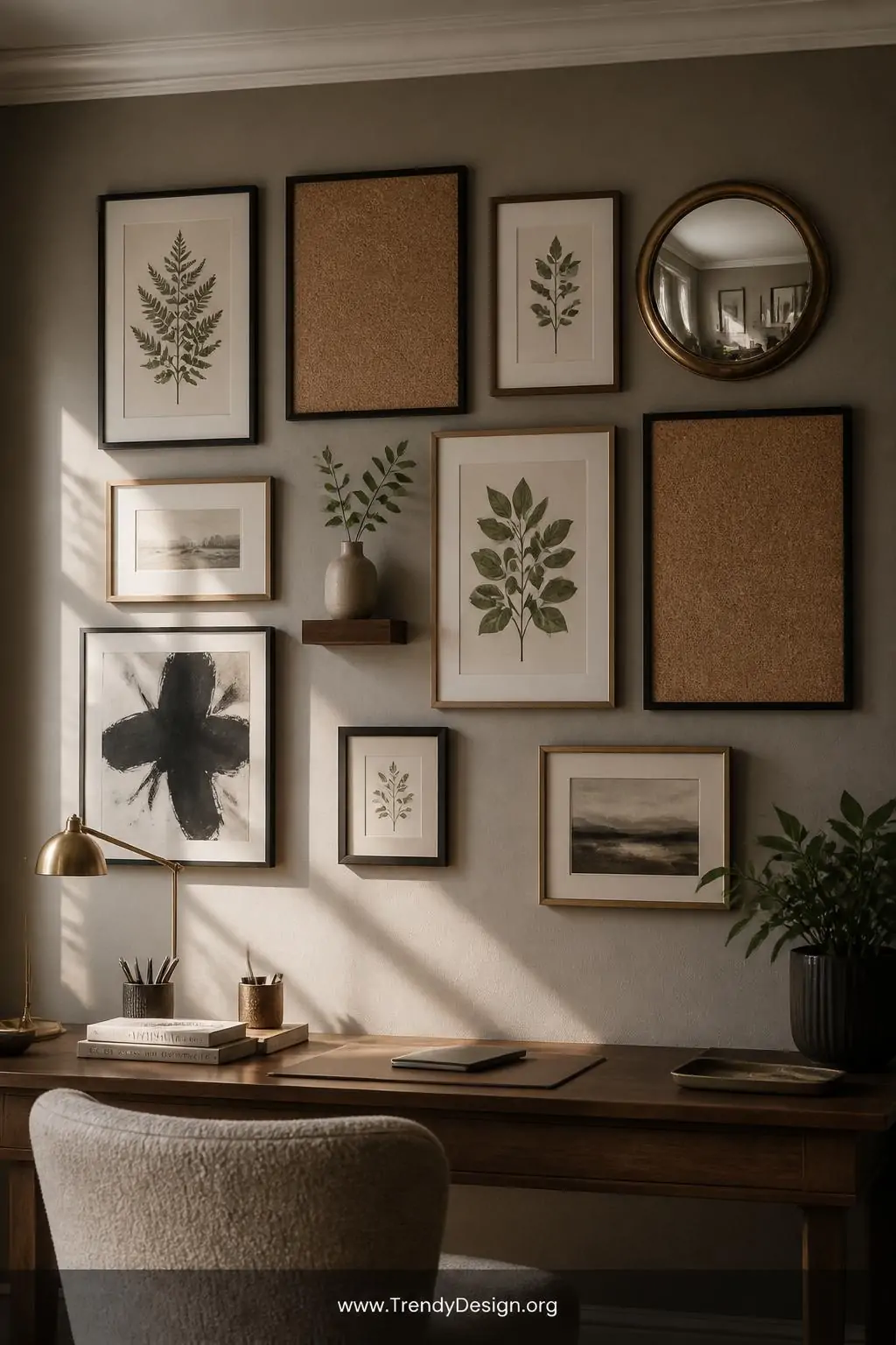 A wide-shot photorealistic interior design image of a sophisticated home office gallery wall hybrid arrangement on a warm gre