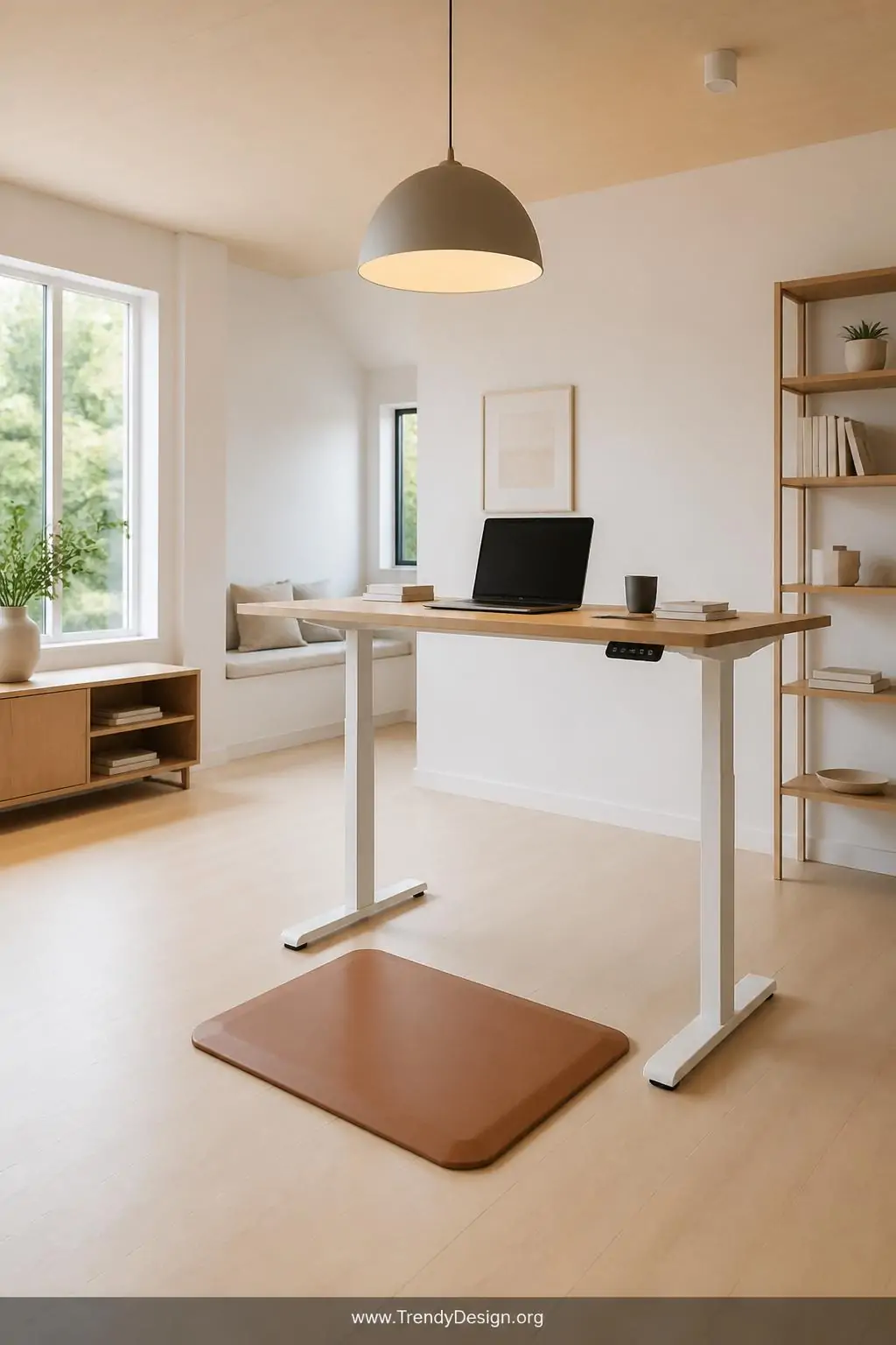 Wide shot of a bright Scandinavian-style home office showcasing an electric sit-stand desk in white oak veneer raised to stan