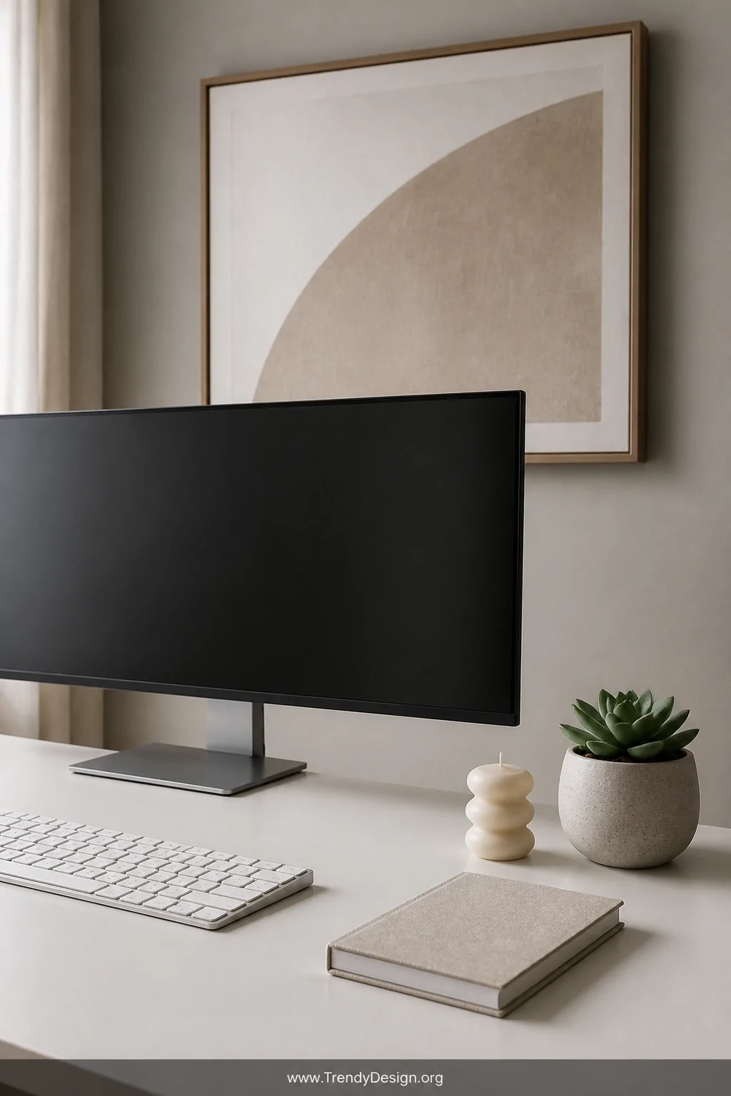 A serene minimalist desk surface in extreme closeup, a single ultrawide monitor, a white wireless keyboard, a small linen-cov