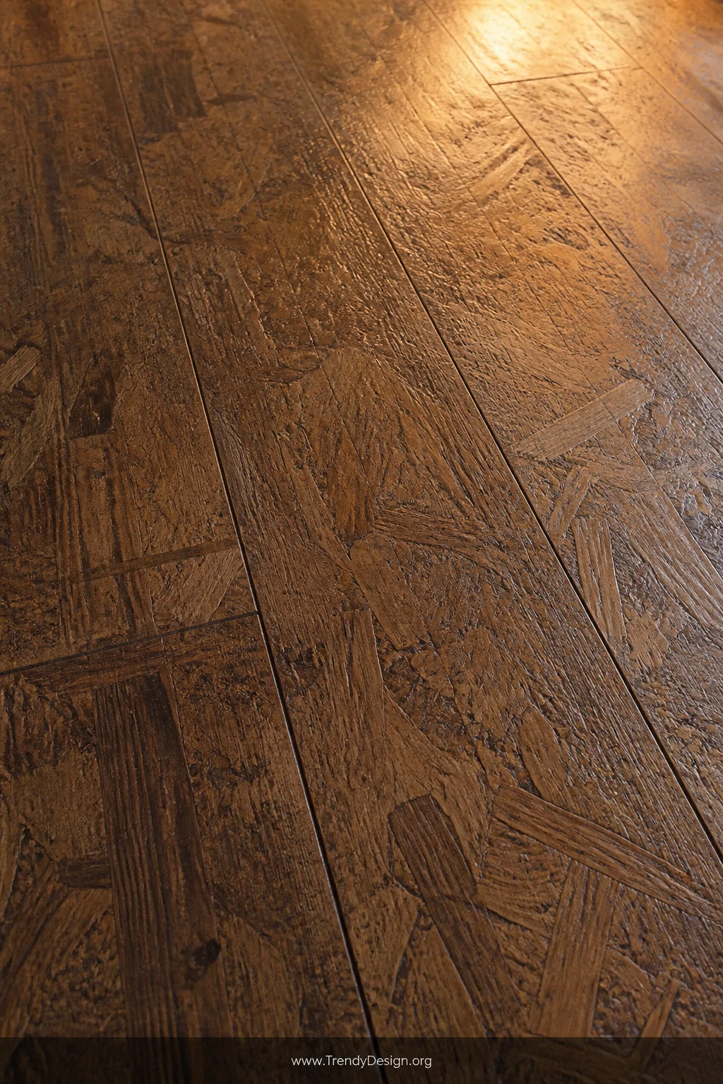Close-up photorealistic detail shot of a faux wood plank painted OSB floor with layered warm brown tones, subtle dry-brushed 