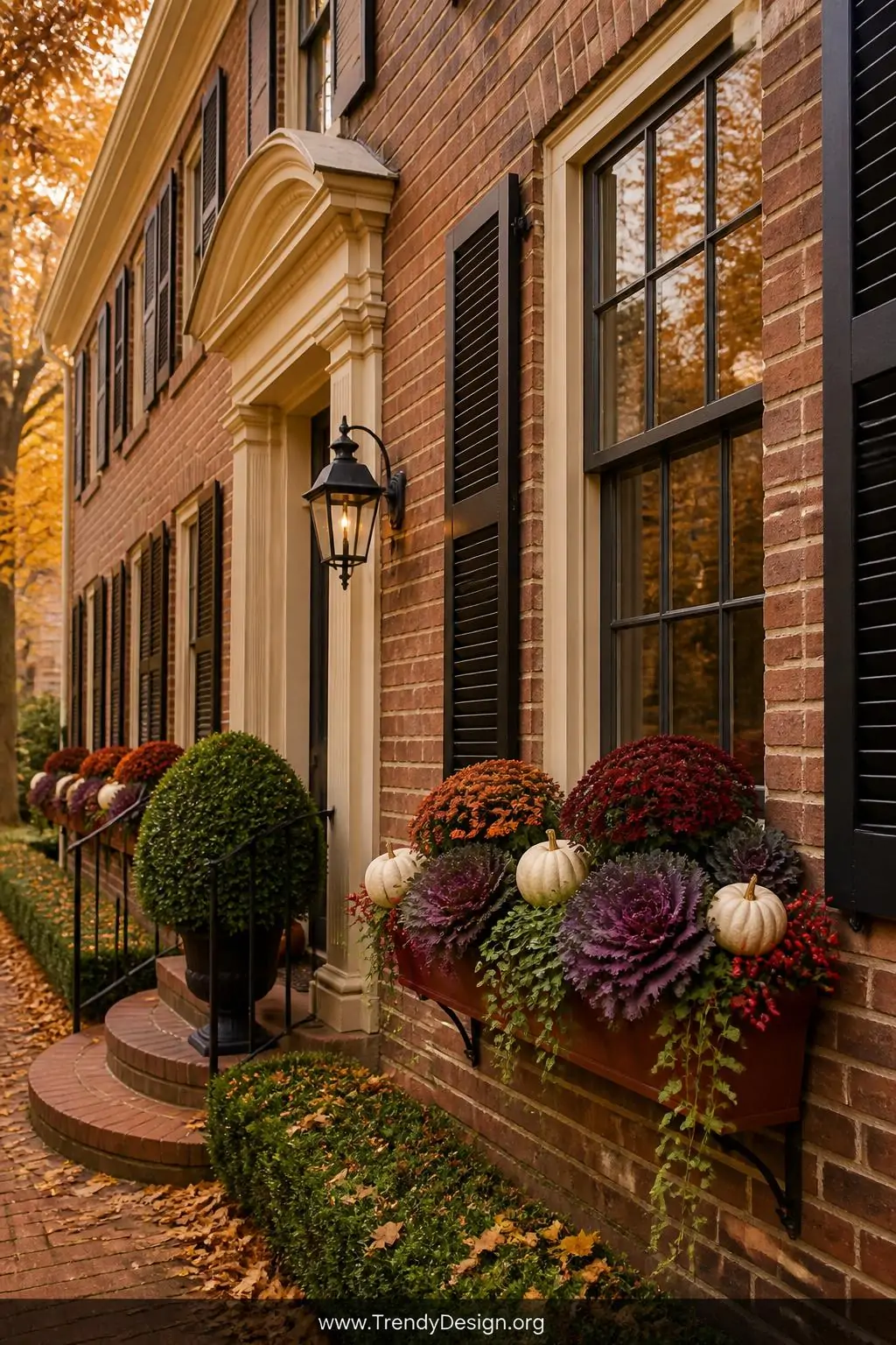 Wide exterior shot of a stately brick colonial home in crisp autumn afternoon light, its window boxes layered with deep burgu
