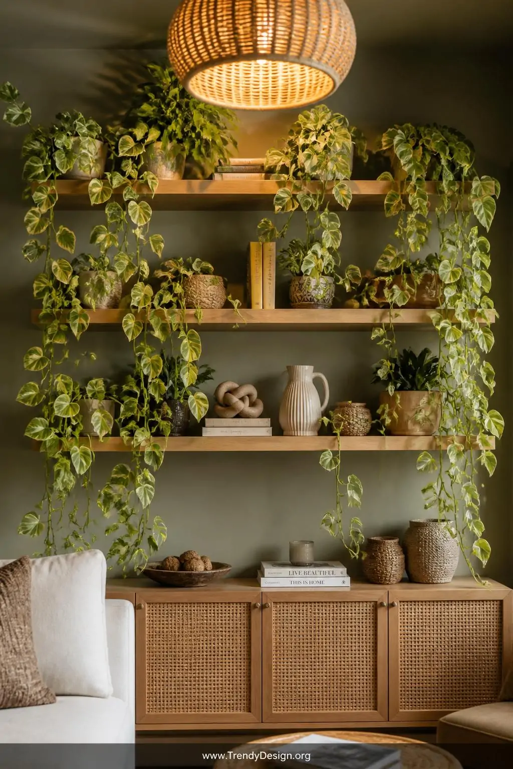 A wide-shot living room bookshelf styled with trailing golden pothos vines spilling dramatically over three staggered white o