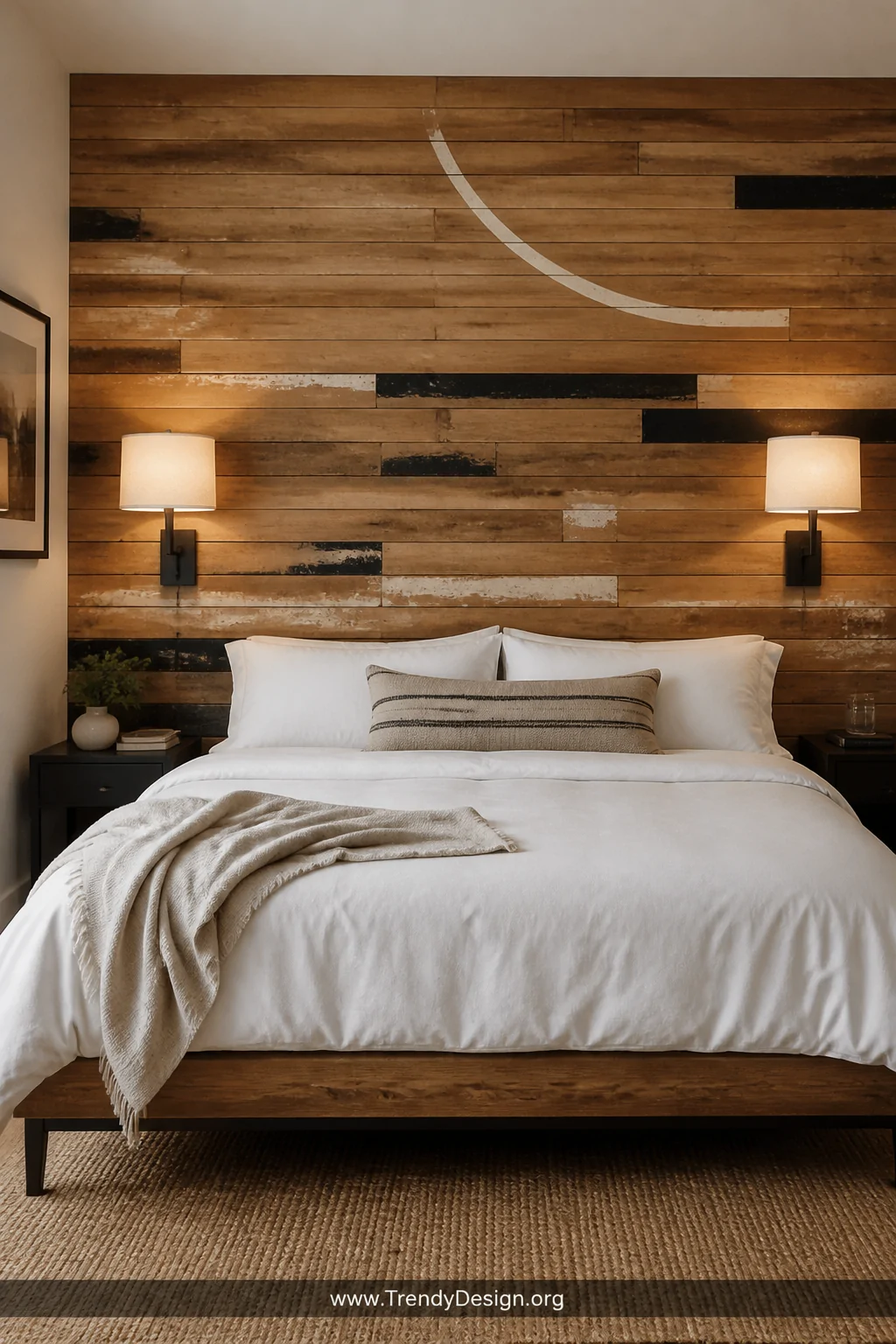 Medium bedroom shot of a horizontal reclaimed gym floor wood accent wall serving as a dramatic headboard feature, worn maple 