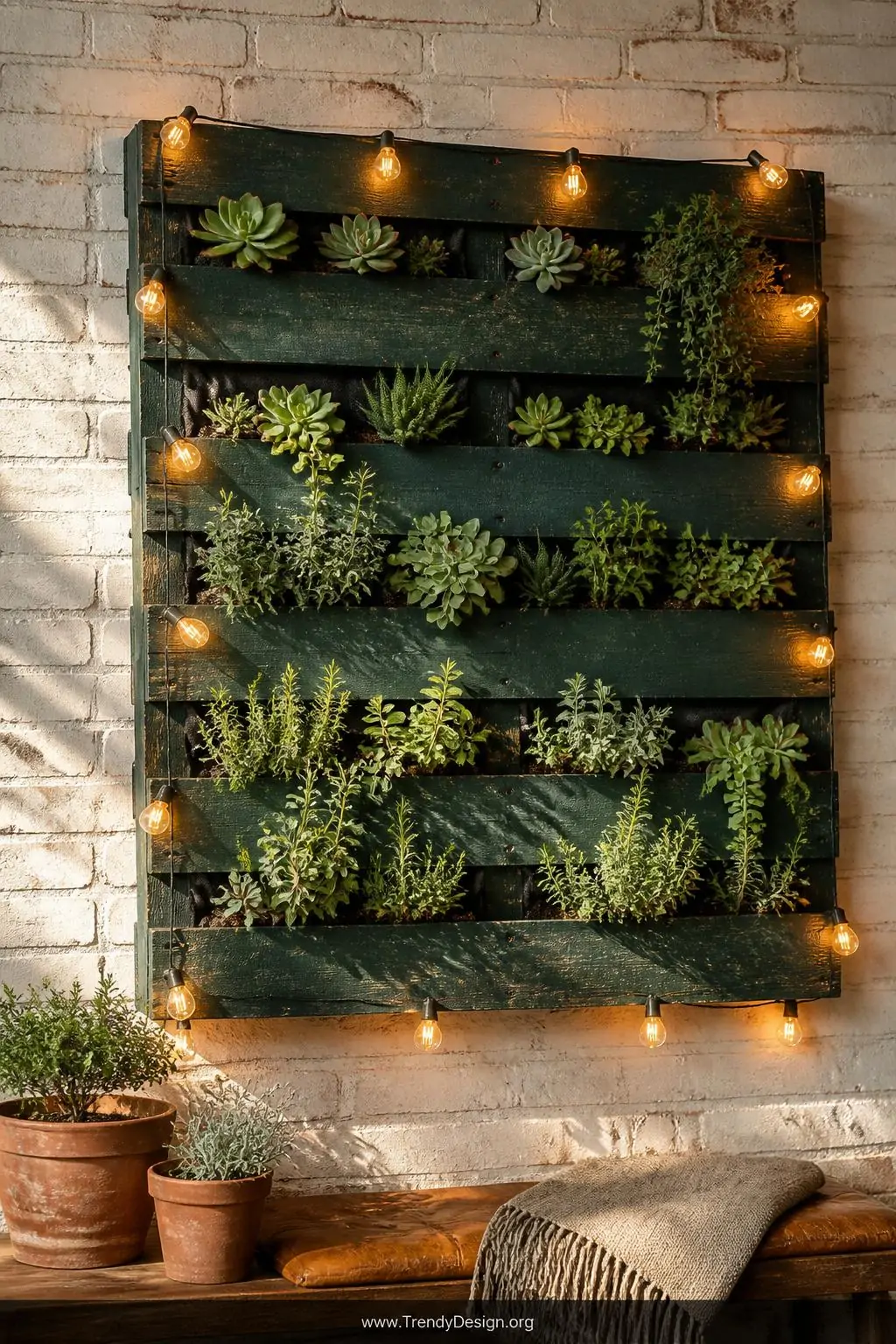 Medium-shot photorealistic interior featuring a reclaimed wooden pallet mounted flat on a whitewashed brick wall, painted dee