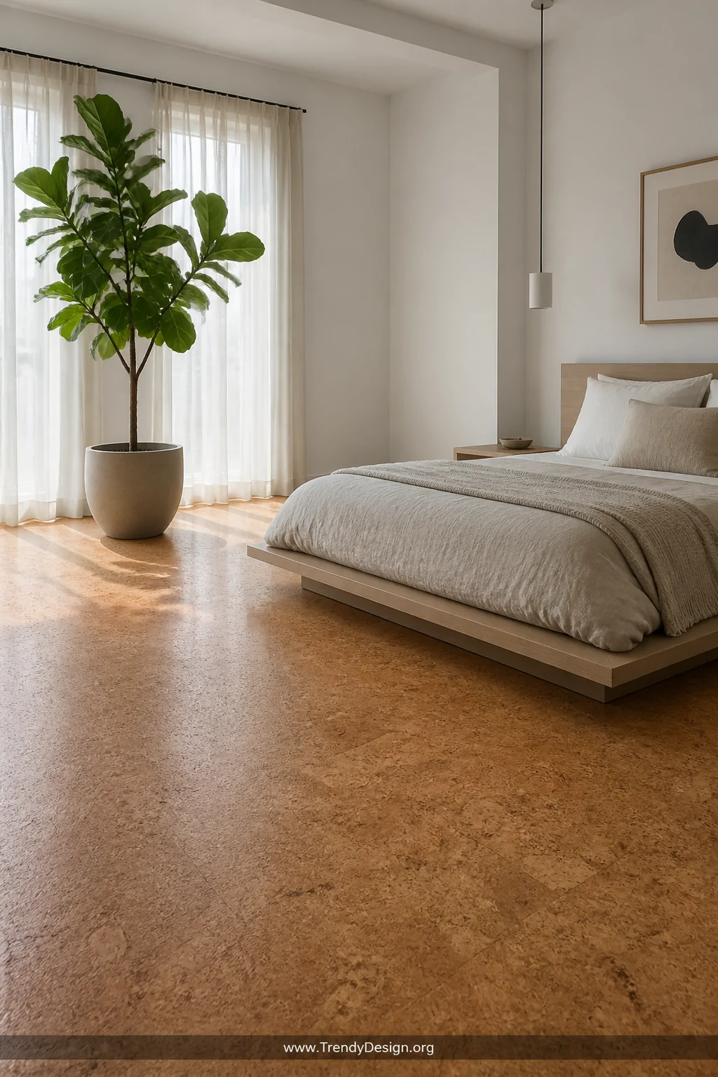 Medium photorealistic shot of a modern minimalist bedroom featuring warm honey-toned recycled cork flooring with subtle earth