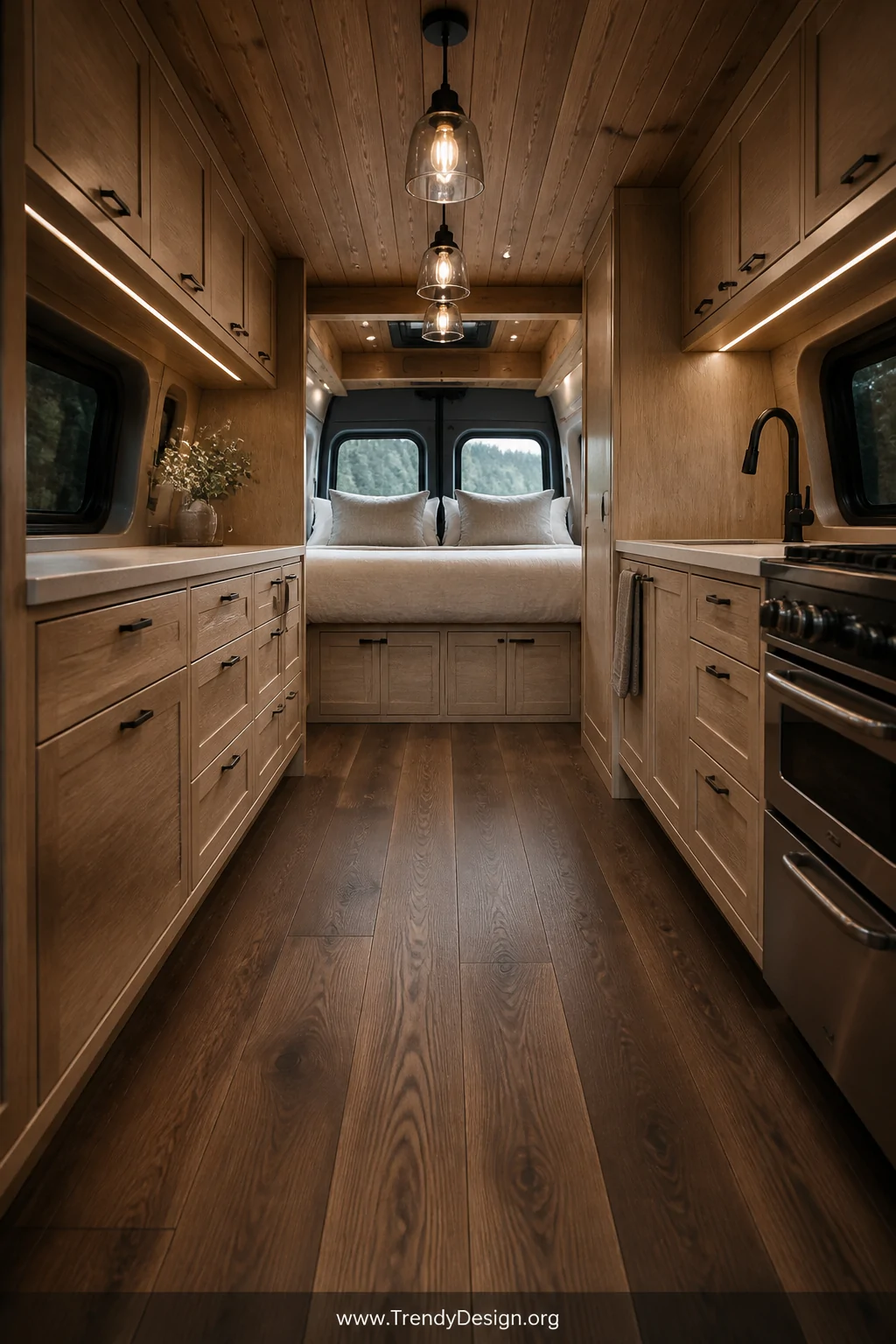 A wide-shot photorealistic boutique-style van interior showcasing wide-plank engineered hardwood flooring in a rich walnut fi
