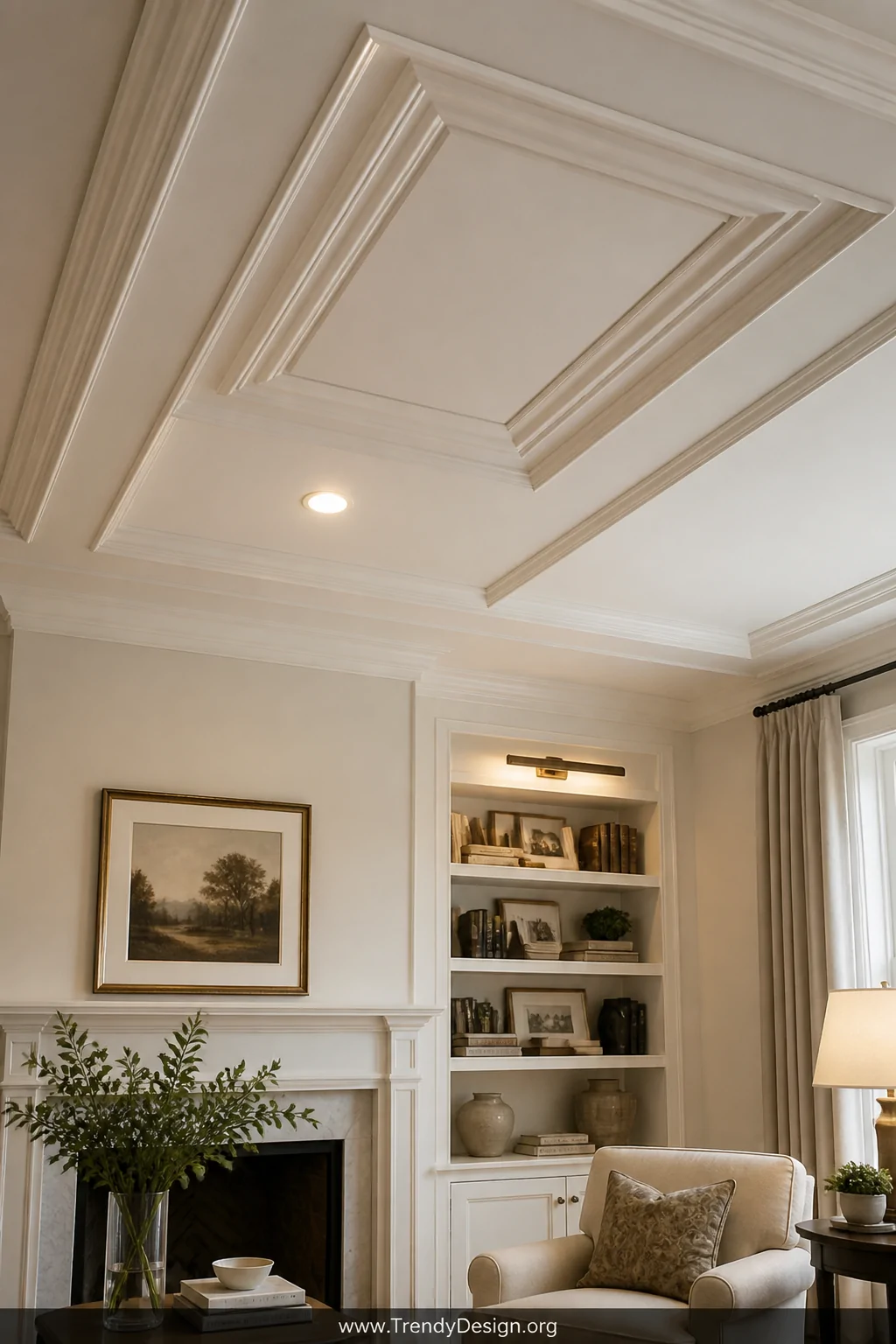 Medium photorealistic interior shot of an elegant traditional living room ceiling showcasing an attic access door surrounded 