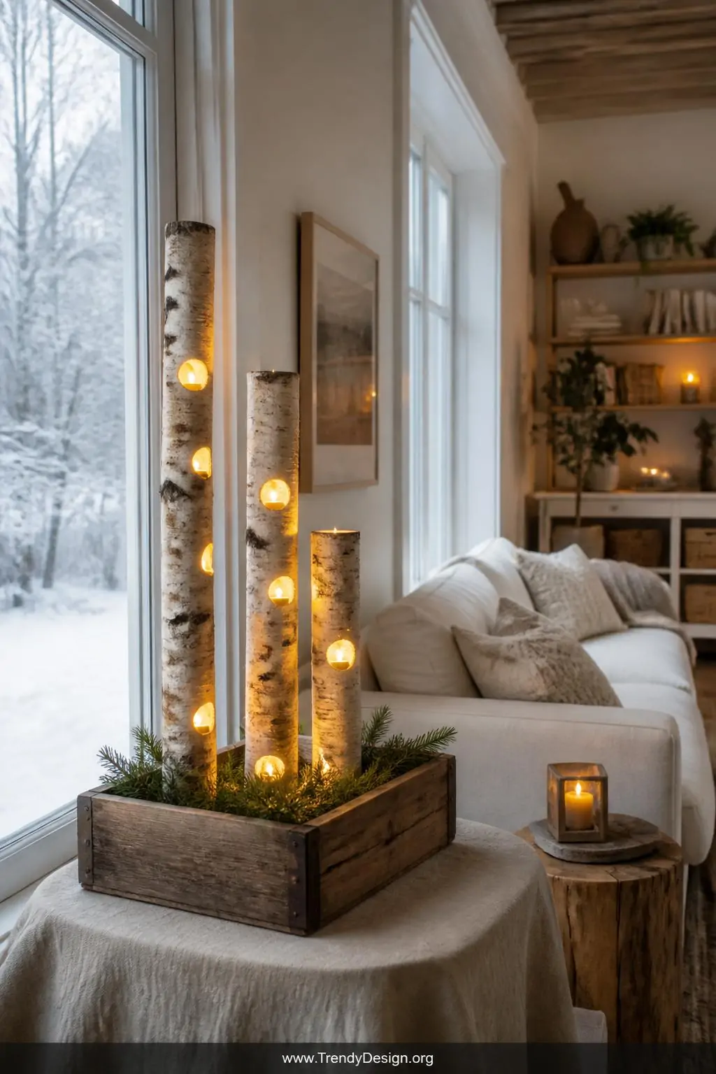 A wide Scandinavian-style living room shot featuring a rustic wooden crate centerpiece holding three birch branches of stagge