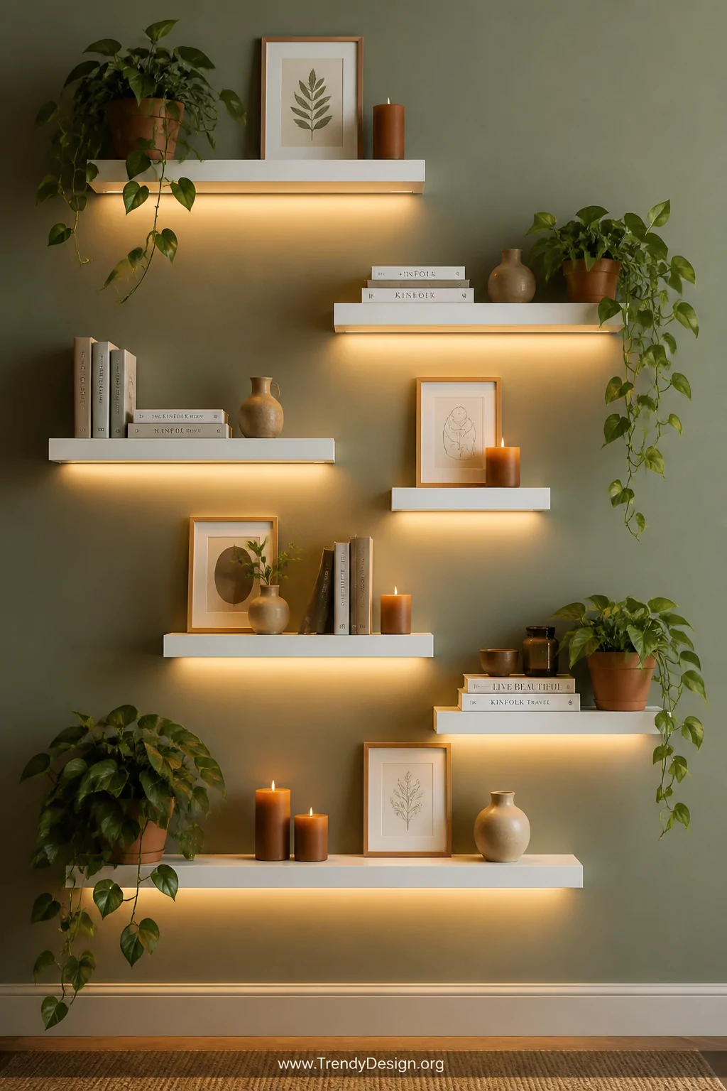 Medium photorealistic interior shot of asymmetrically staggered white floating shelves against a soft sage green wall, styled
