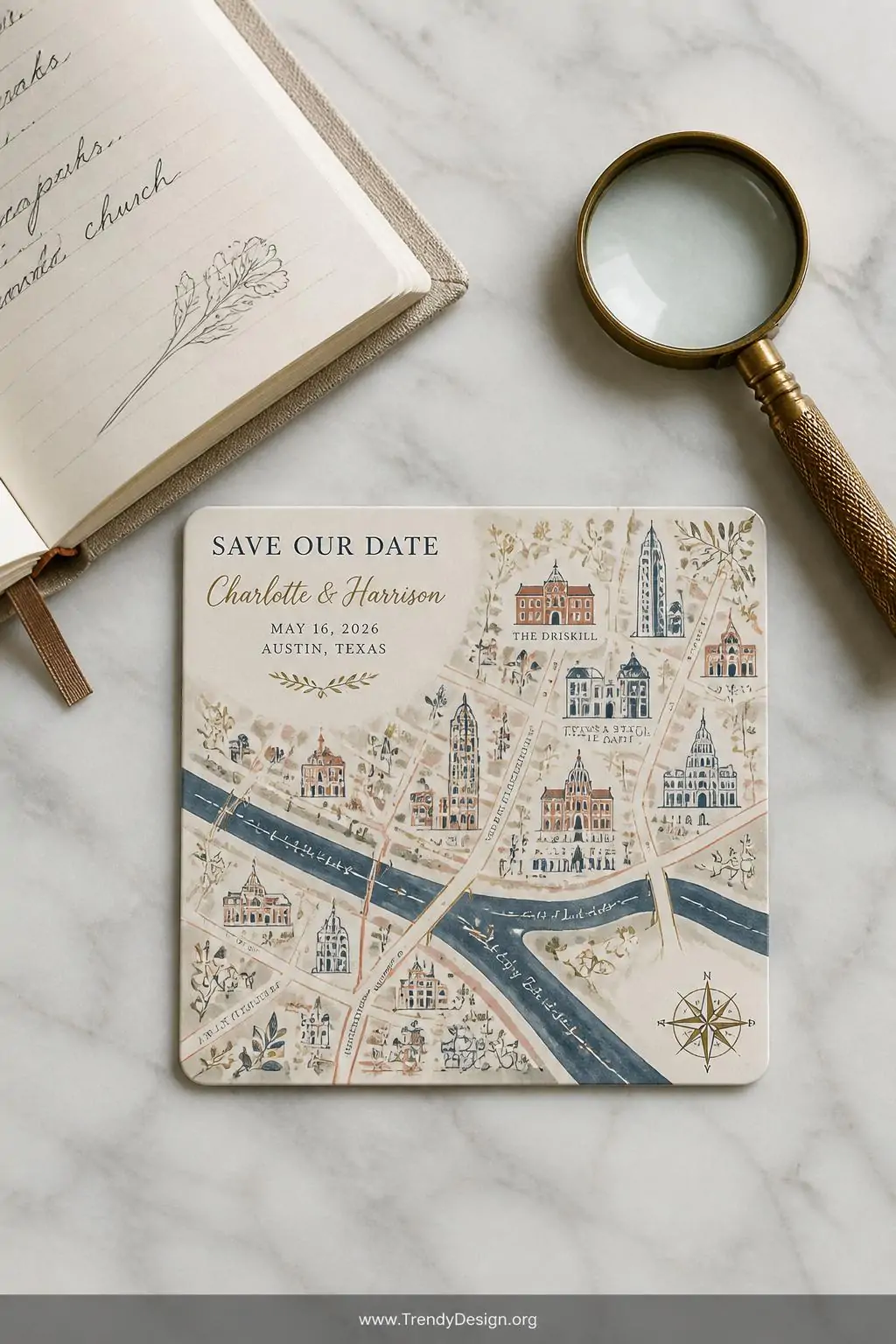 A wide shot of an illustrated map save the date magnet displayed flat on a marble surface beside a open linen-covered journal