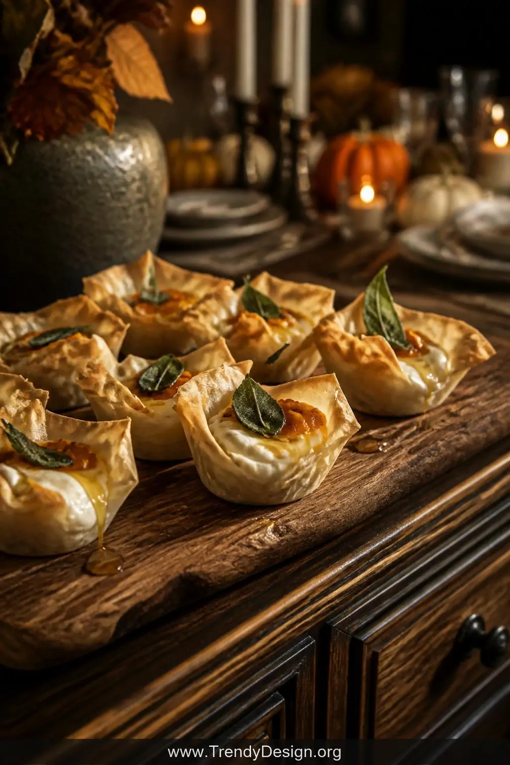 A close-up shot of a rustic wooden serving board on a dark walnut sideboard, featuring golden flaky phyllo cups cradling pool