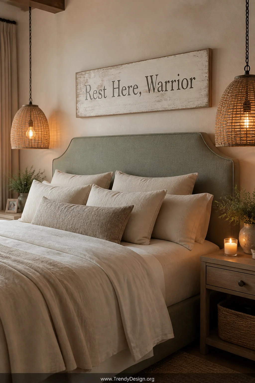 Medium shot of a serene bedroom sanctuary with linen upholstered headboard in dusty sage, soft layered bedding in ivory and w