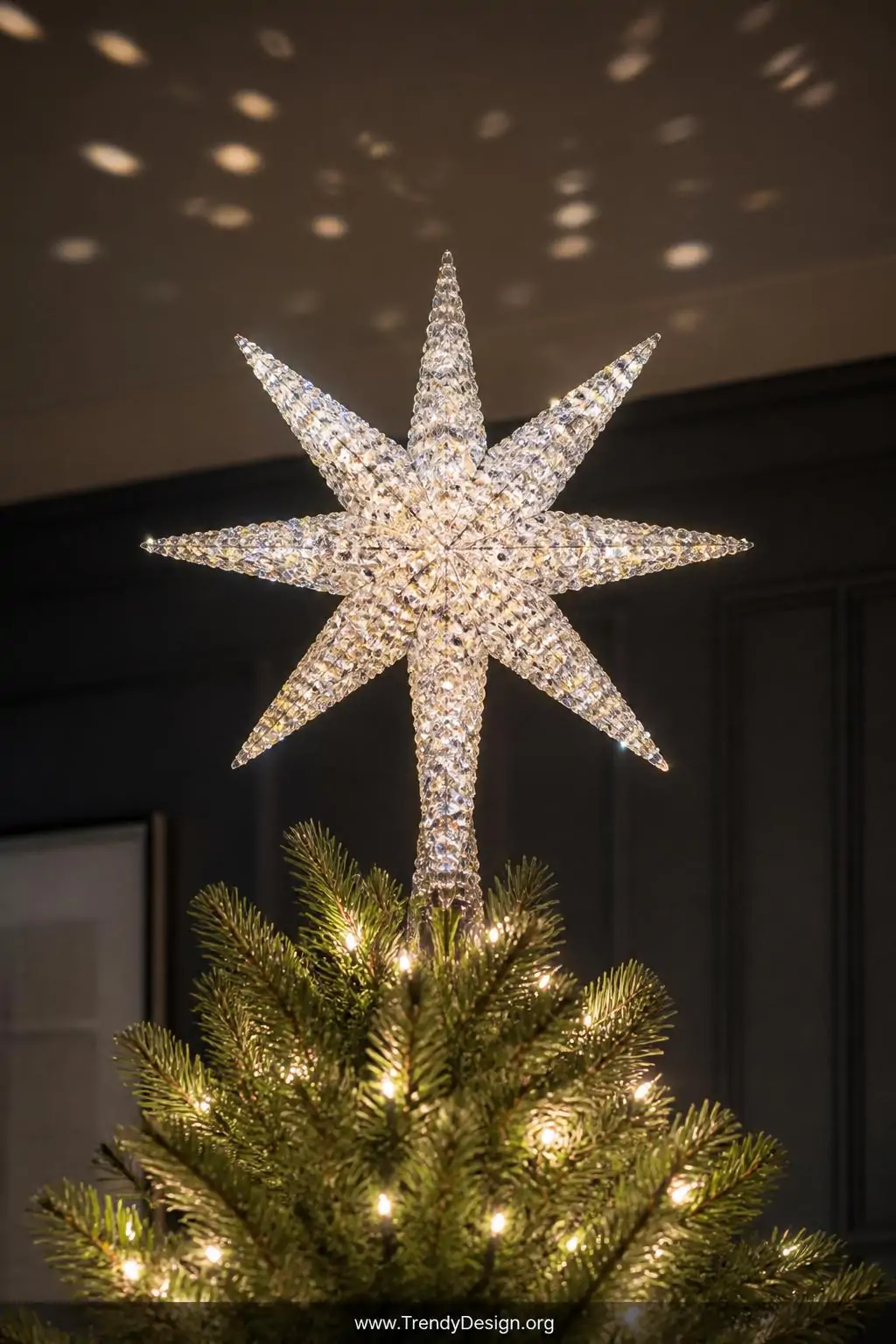 A photorealistic close-up shot of a breathtaking white crystal-beaded star topper perched at the peak of a Christmas tree, it
