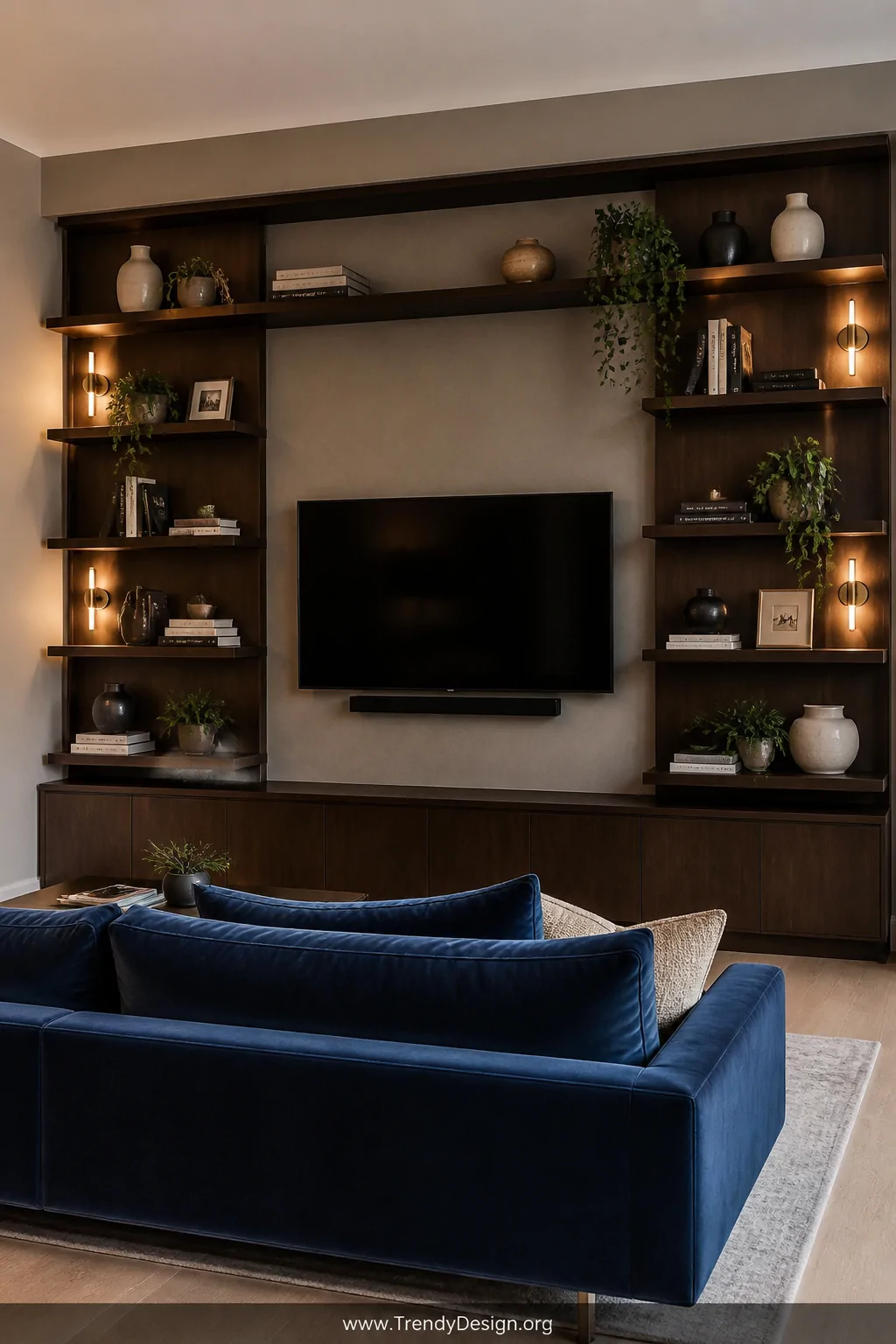 Wide shot of a sophisticated living room featuring a floor-to-ceiling dark walnut floating shelf gallery wall flanking a wall