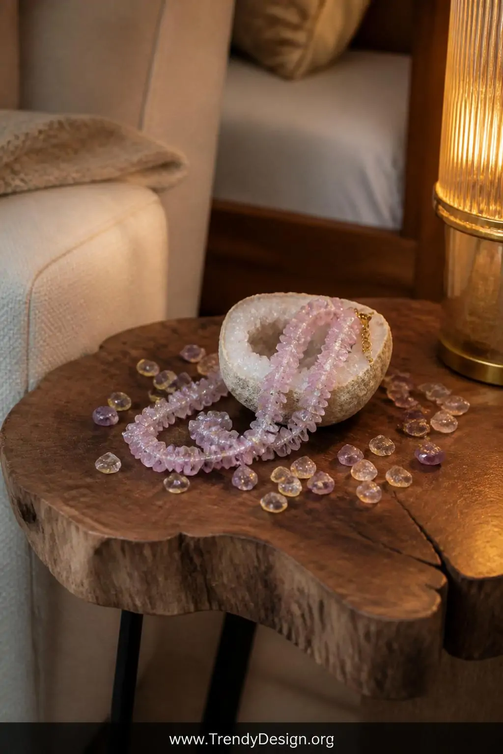 A raw-edge walnut side table sits beside a linen armchair in a softly lit boho bedroom, where a rose quartz chip beaded ankle