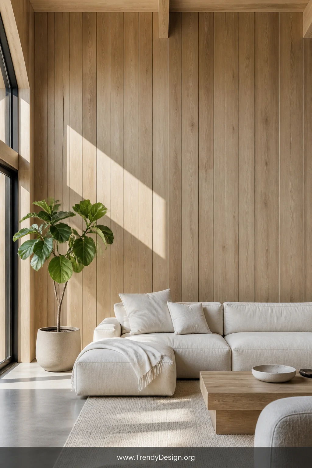 Wide room shot of a minimalist Scandinavian living room with floor-to-ceiling vertical light oak wood plank paneling, a low-p