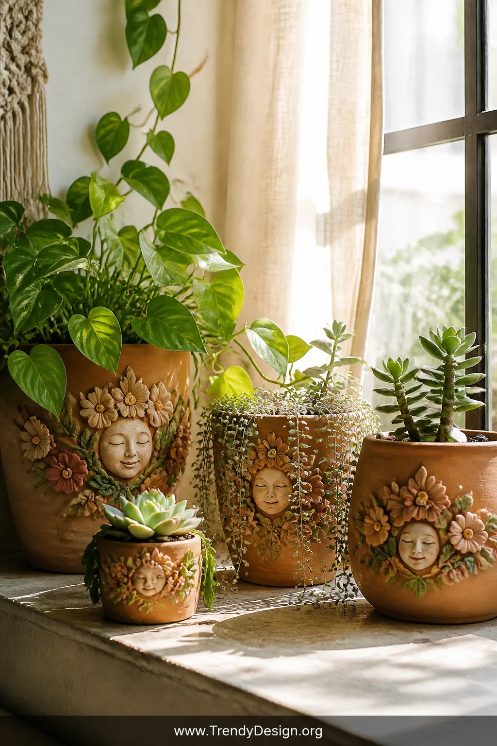 Medium shot of a bright bohemian windowsill styled with terracotta pots embellished with raised polymer clay floral patterns 