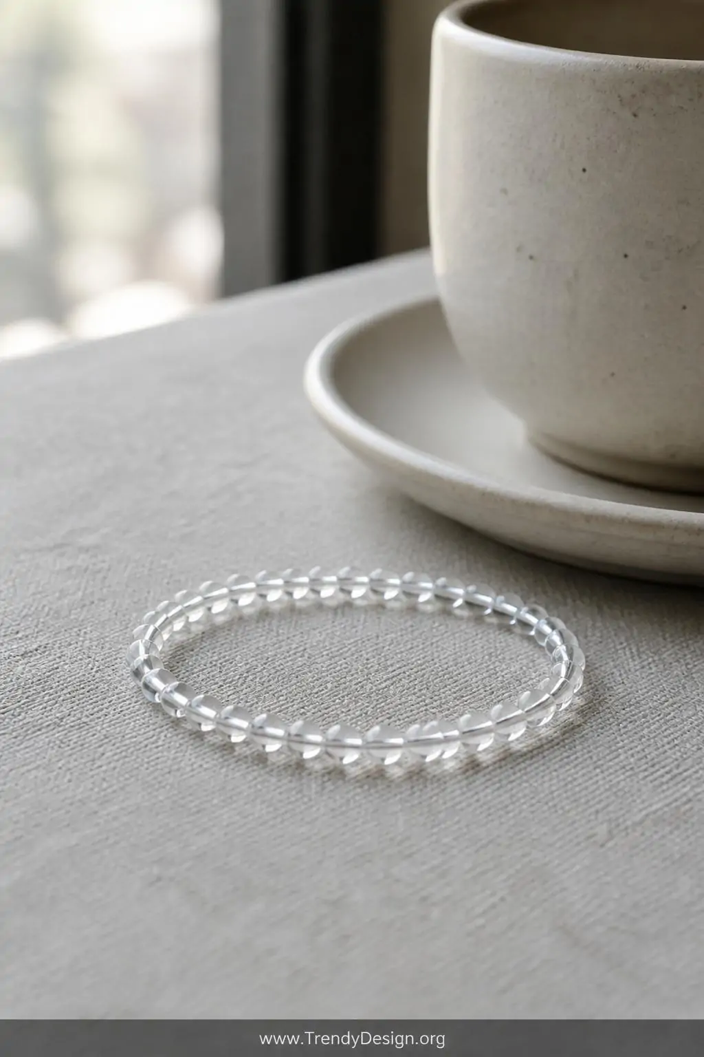 A photorealistic wide shot of a delicate minimalist clear quartz bead bracelet placed on a sleek light grey linen fabric surf