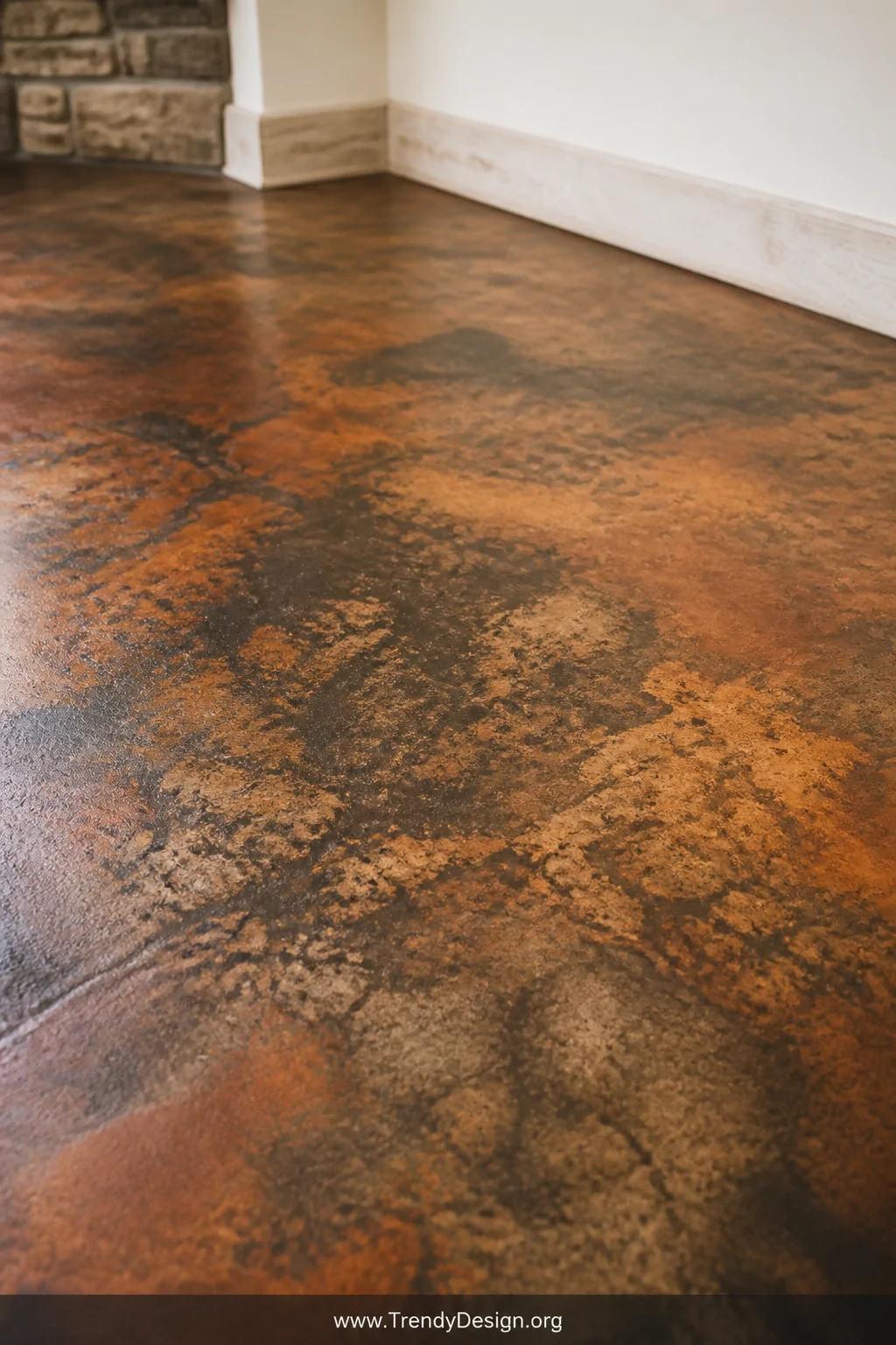 Closeup detail shot of a freshly stained concrete floor in a rich swirling terracotta and charcoal mottled acid-stain finish,