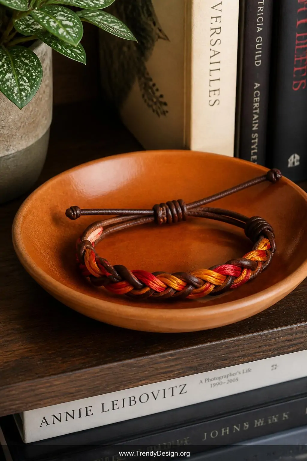 Closeup shot of a ceramic dish resting on a bookshelf holding a braided leather and embroidery floss friendship bracelet, the