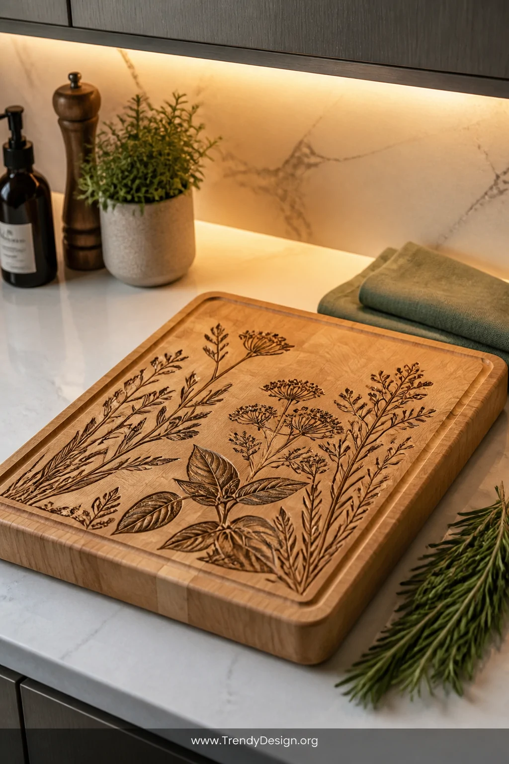 Close-up detail shot of a CNC-engraved end-grain maple cutting board displaying an intricate botanical illustration resting o