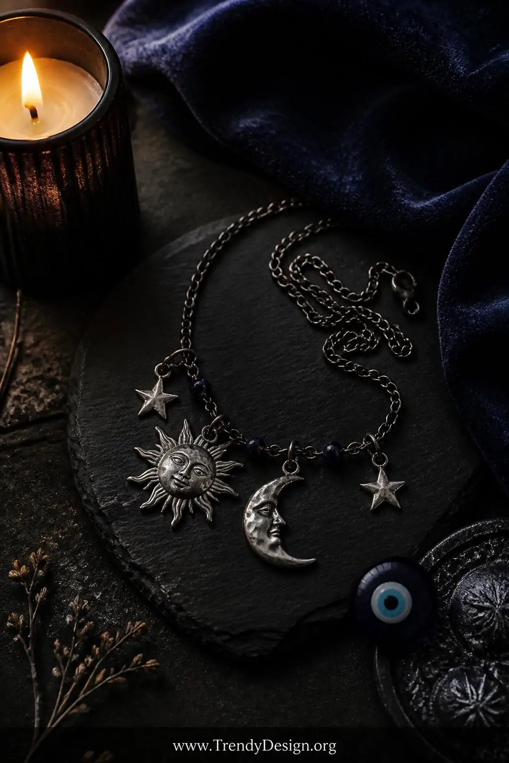 A closeup photorealistic interior design scene of a dark moody jewelry styling surface featuring a celestial charm necklace w