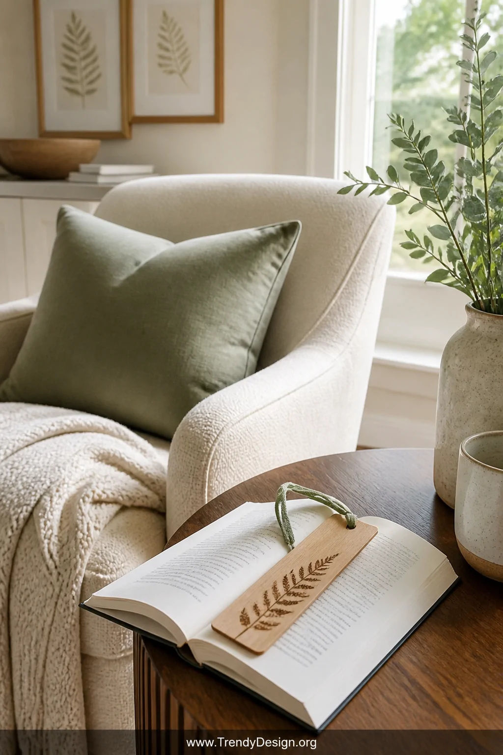 A sun-filled reading nook with a cream linen armchair, a small side table holding an open book with a delicate birch wood boo