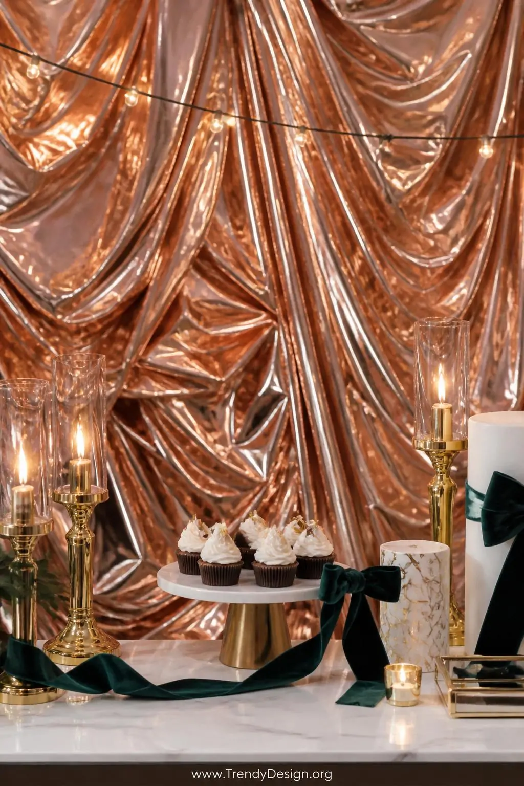 A closeup photorealistic interior design scene of a gathered and scrunched rose gold metallic plastic tablecloth backdrop dra