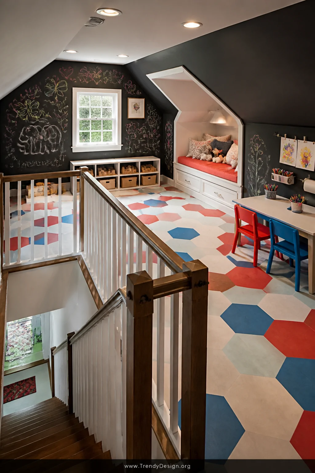 Wide photorealistic interior shot of a vibrant attic playroom with chalkboard-painted walls covered in colorful drawings, a c