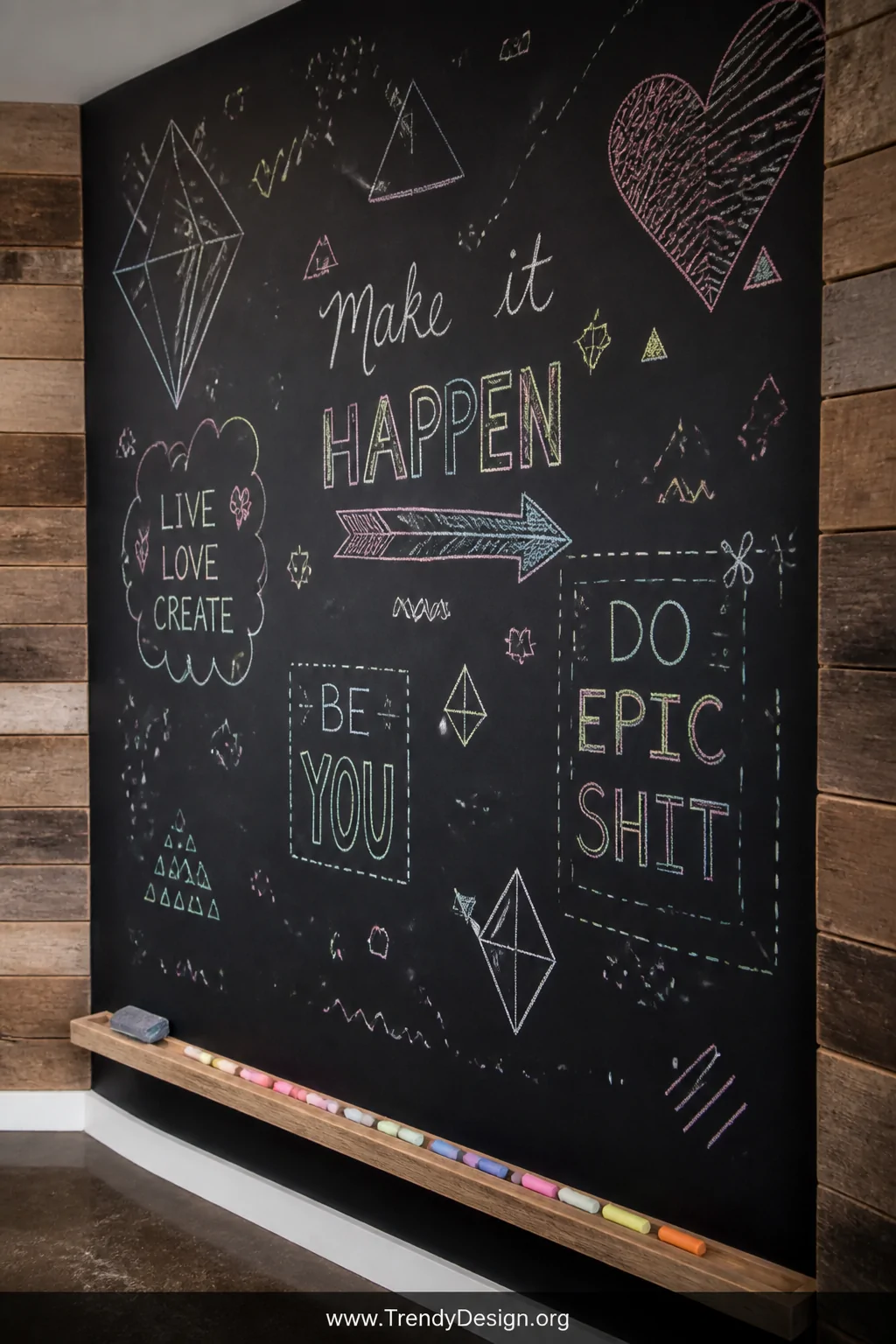 An entire accent wall painted in matte black chalkboard paint covered in colorful chalk drawings, geometric doodles, and hand